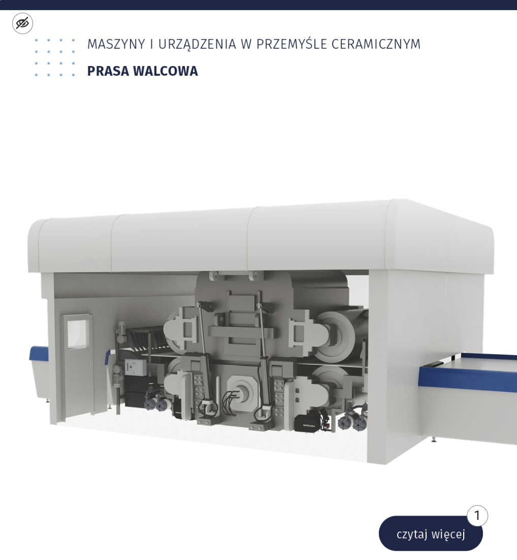 Ilustracja przedstawia planszę z interaktywnym punktem, maszyny i urządzenia w przemyśle ceramicznym, prasę walcową. Ma kształt dużego prostopadłościanu. We wnętrzu widoczne są liczne walce i pojemniki.
