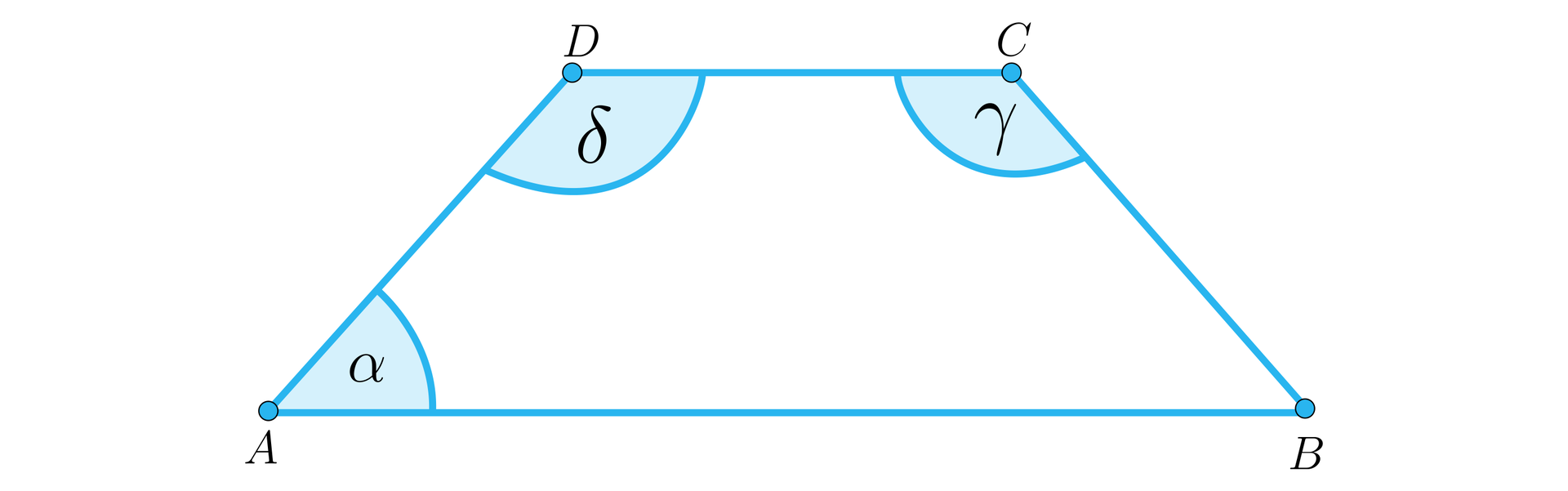 Ilustracja przedstawia trapez A B C D, w którym zaznaczono następujące kąty: kąt BAD podpisano literą alfa, kąt ADC podpisano literą delta, kąt DCB podpisano literą gamma.