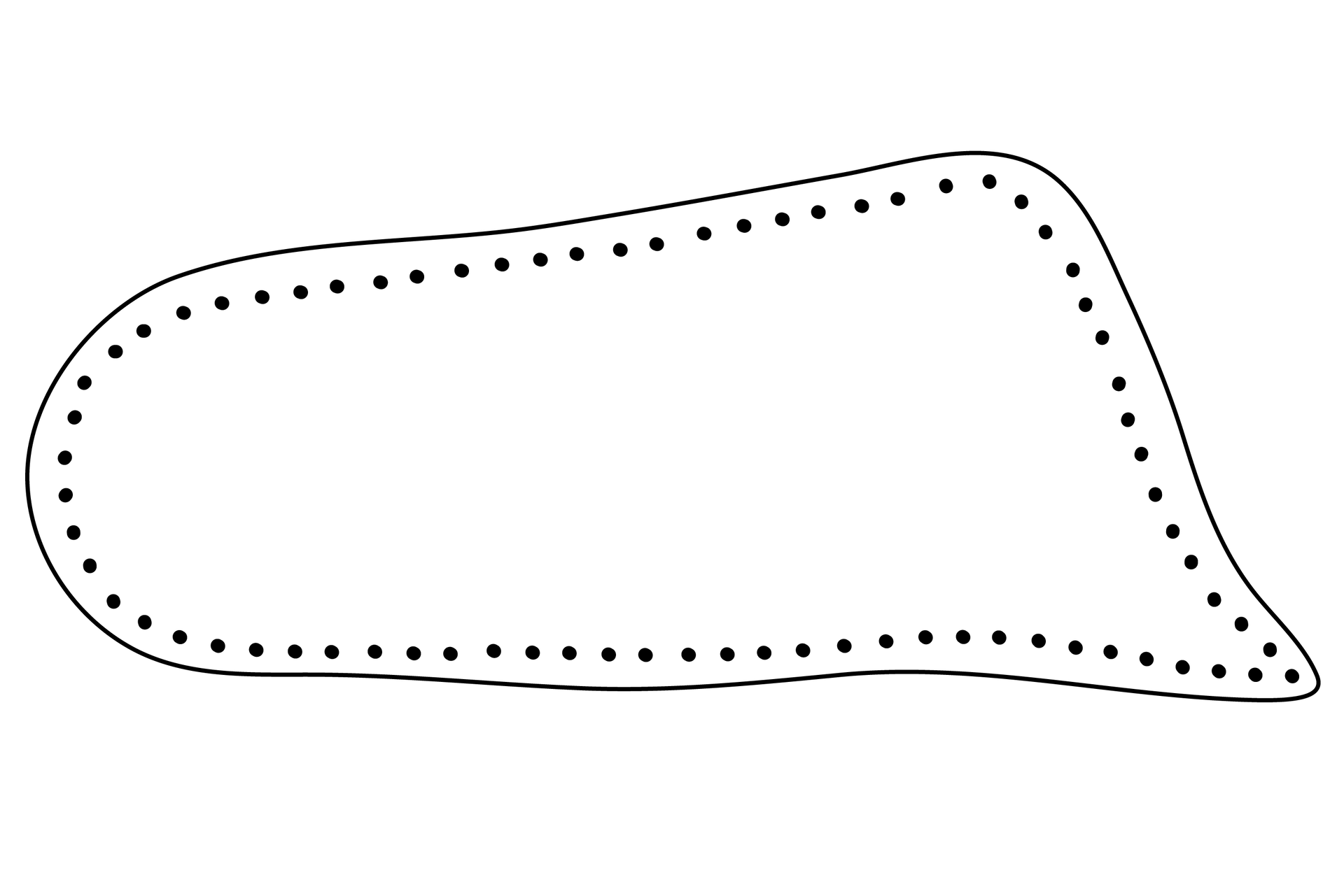 Grafika przedstawia podłużny, prostokątny, nieregularny kształt. Wokół krawędzi biegną drobne, umieszczone obok siebie kropki.