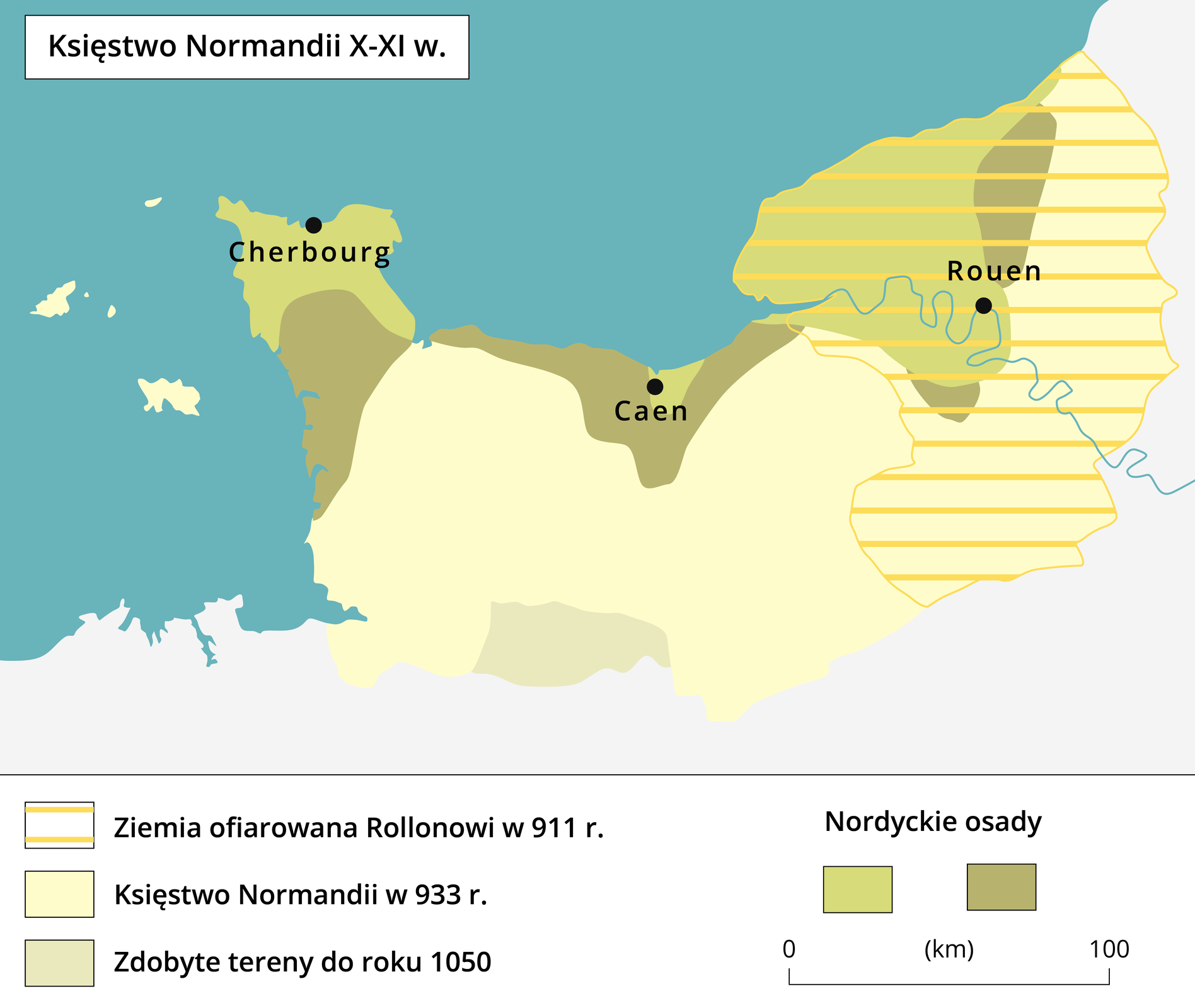 Mapa przedstawia Księstwo Normandii w 10 i 11 wieku. Na mapie oznaczone są nordyckie osady Cherbourg, Caen i Rouen na północnym wybrzeżu Francji. Ziemie ofiarowane Rollonowi w 911 roku to tereny wschodniej części północnego wybrzeża Francji. Księstwo Normandii w 933 roku obejmowało większość północnych terenów Francji. Zdobyte tereny do roku 1050 nieznacznie powiększyły ten obszar. 
