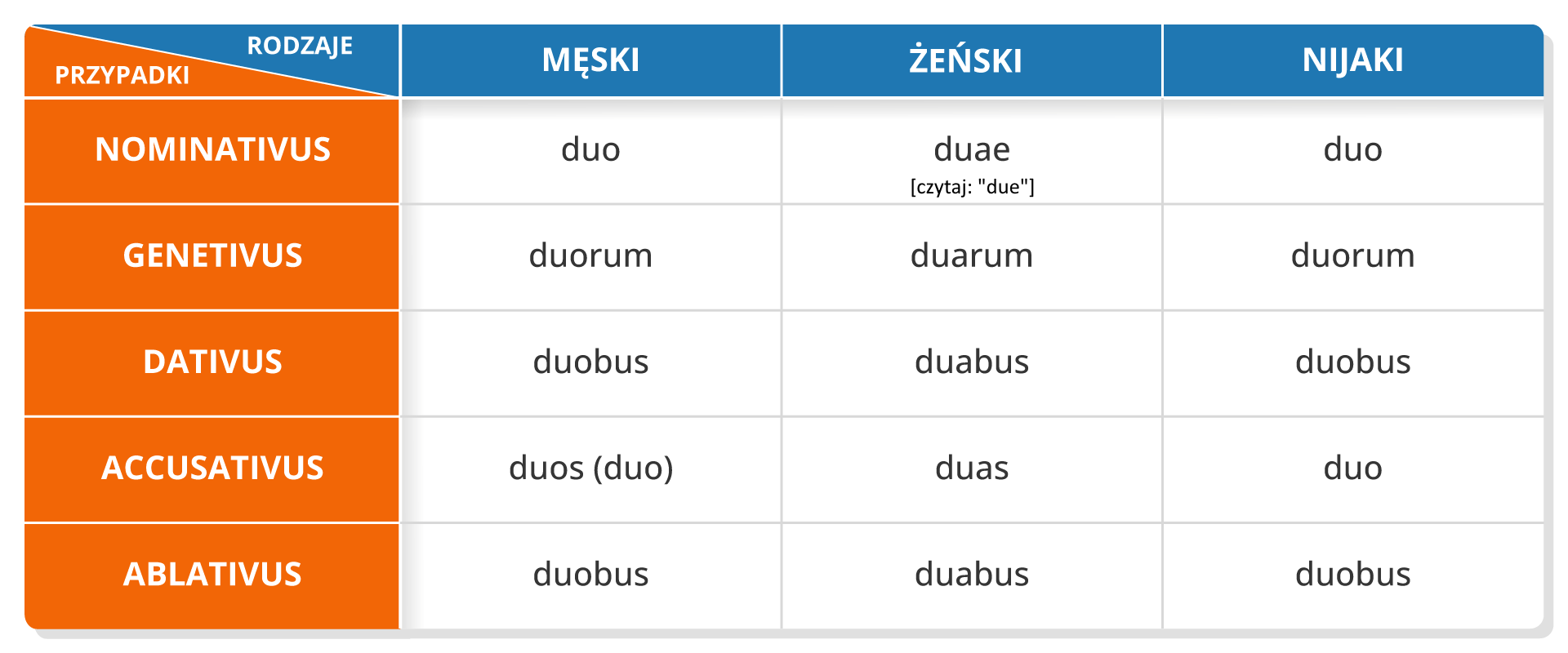 Tabela przedstawia odmianę liczebnika dwa (duo) przez przypadki oraz rodzaje – męski żeński i nijaki. Pierwszy wiersz odnosi się do przypadku Nominativus i odmienia wyraz następująco: duo (męski), duae (żeński), deo (nijaki). Drugi wiersz odnosi się do przypadku Genetivus i odmienia wyraz następująco: duorum (męski), duarum (żeński), duorum (nijaki). Trzeci wiersz odnosi się do przypadku Dativus i odmienia wyraz następująco: duobus (męski), duabus (żeński), duobus (nijaki). Czwarty wiersz odnosi się do przypadku Accusativus i odmienia wyraz następująco: duos (duo) (męski), duas (żeński), duo (nijaki). Piąty wiersz odnosi się do przypadku Ablativus i odmienia wyraz następująco: duobus (męski), duabus (żeński), duobus (nijaki).