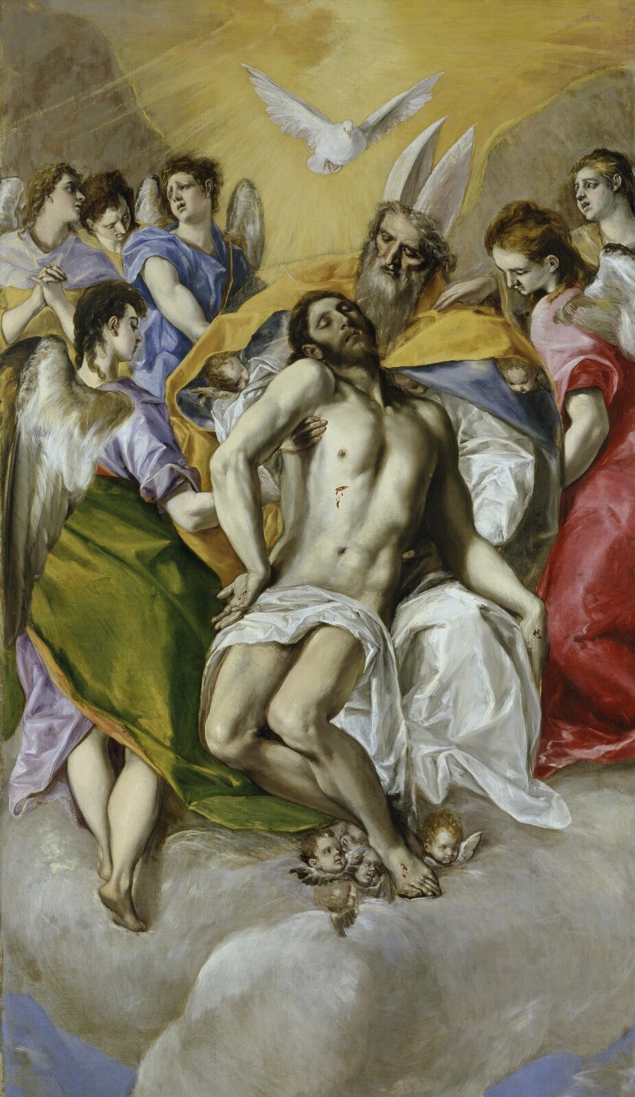 Ilustracja o kształcie pionowego prostokąta  przedstawia obraz El Greca „Trójca Święta”. Ukazuje Trójcę  świętą oraz towarzyszące im anioły. Bóg Ojciec podtrzymuje ciało martwego Syna. Przedstawiony jest jako starszy, potężnie zbudowany mężczyzna Na głowie ma założoną mitrę. Jezus ma na ciele widoczne rany. Nad nimi, w postaci gołębicy, unosi się Duch Święty otoczony jaskrawym, żółto-pomarańczowym światłem. Anioły otaczają scenę, adorując. Pod nogami Jezusa i połami płaszcza Boga widoczne są głowy cherubinów. 