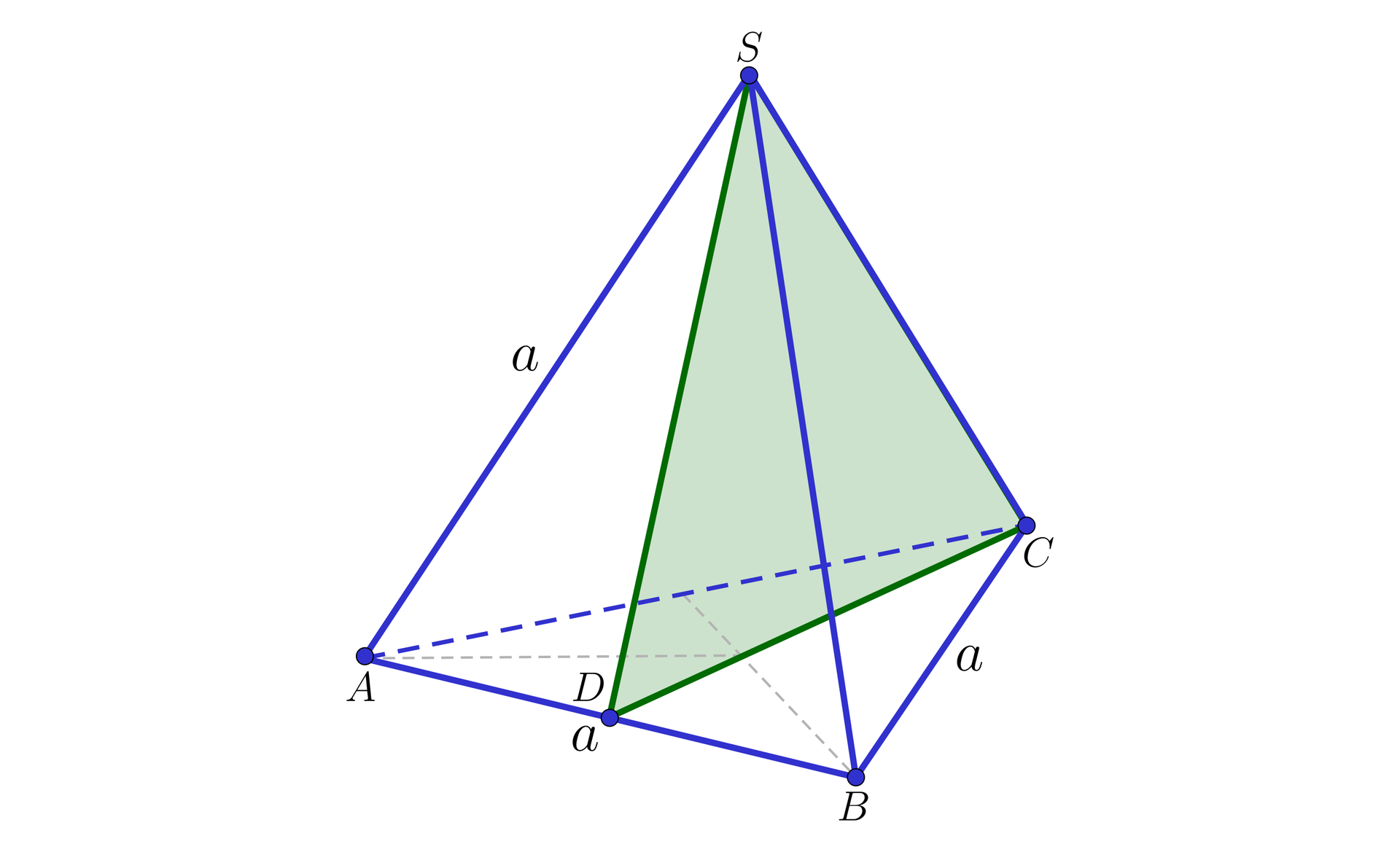 Ilustracja przedstawia czworościan foremny o wierzchołkach A B C S, gdzie S to wierzchołek górny, krawędzie czworościanu podpisano literą a. W czworościanie zaznaczono trójkąt, składający się z wysokości podstawy, wysokości ściany bocznej i krawędzi ściany bocznej.