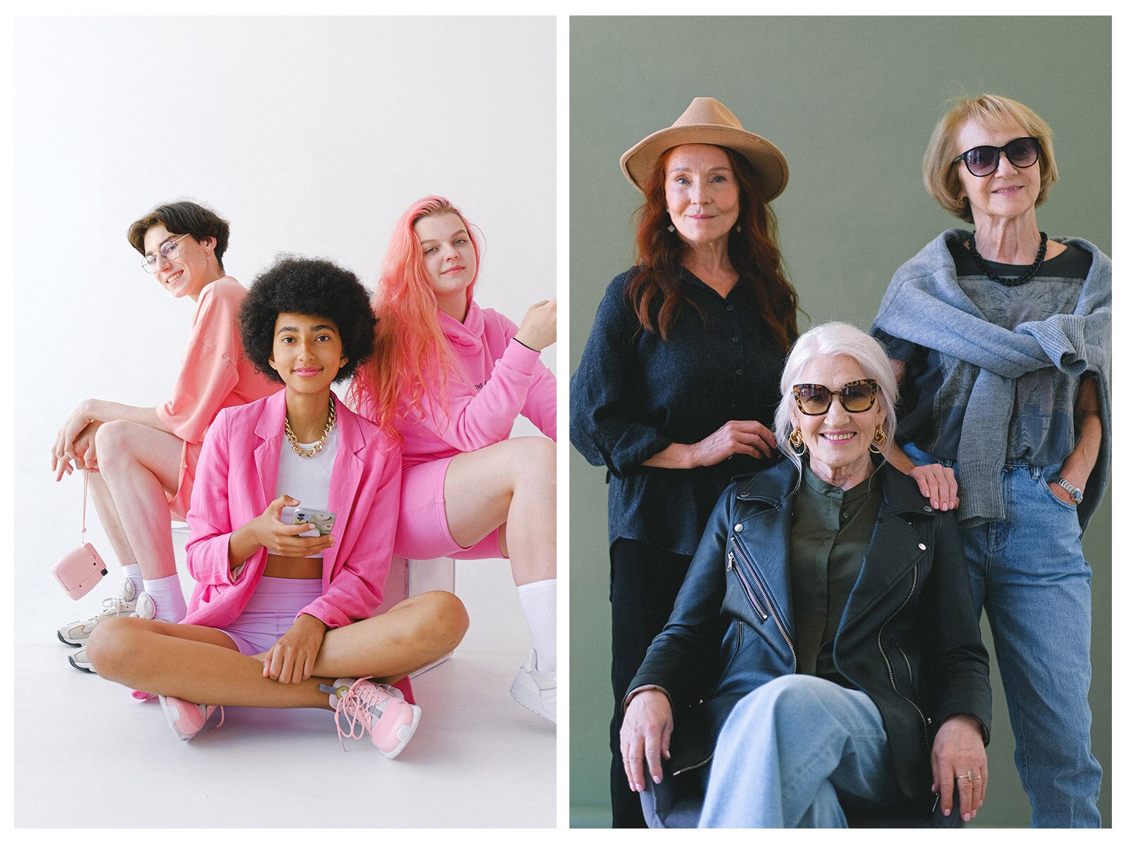 Grafika składa się z dwóch zdjęć. Po lewej widoczne trzy nastolatki ubrane w różową garderobę. Obok trzy kobiety w starszym wieku. których ubrania są w stonowanych, ciemnych kolorach. 