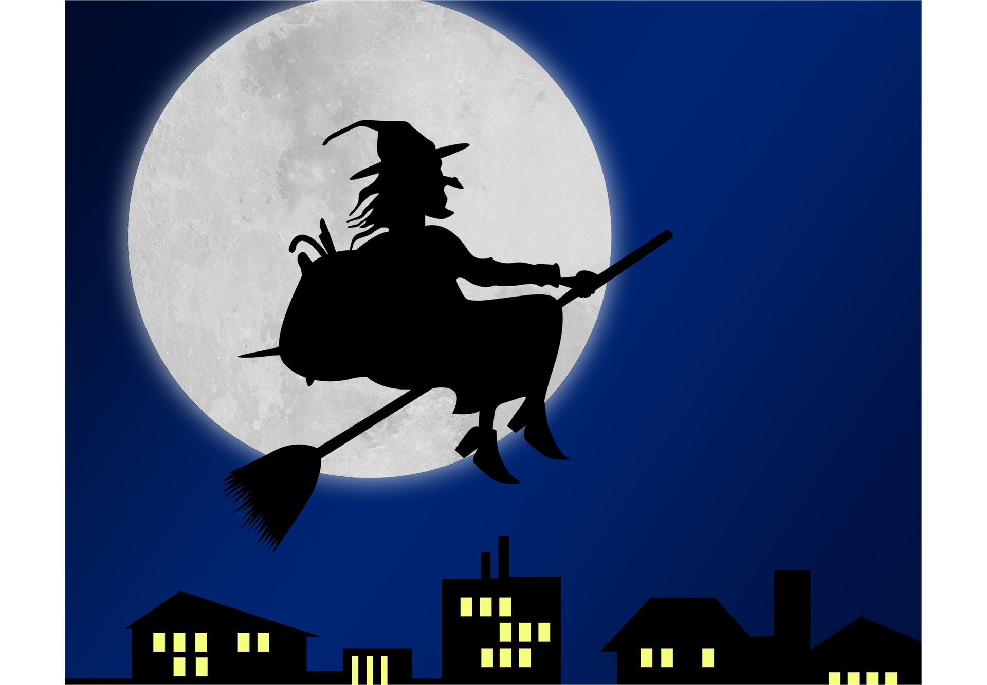Grafika przedstawia wróżkę Befanę lecącą na miotle nad budynkami na tle księżyca.