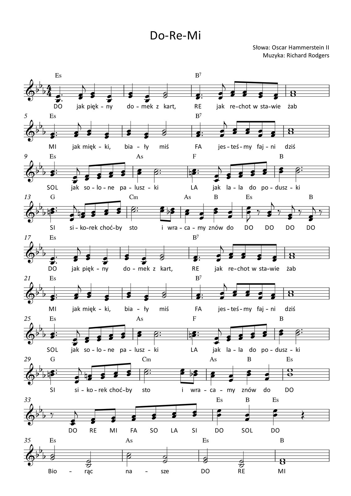 Grafika przedstawia partyturę utworu „Do‑Re‑Mi” z muzyką autorstwa kompozytora Richarda Rodgersa oraz tekstem autorstwa Oscara Hammersteina II; utwór jest napisany w metrum cztery czwarte, w tonacji Es‑dur. Partytura ma dwie strony, na których zapisano siedemdziesiąt jeden taktów. Melodię w dwugłosie zapisano w kluczu wiolinowym, a pod nutami zanotowano tekst. Wszystkie dźwięki należą do oktaw razkreślnej lub dwukreślnej. To jest opis pierwszej strony partytury.
W pierwszym takcie w górnym głosie w pierwszej linijce utworu na pierwszą miarę śpiewana jest ćwierćnuta z kropką es, dalej ósemka f, na miarę trzecią ćwierćnuta g, a na miarę czwartą ćwierćnuta es. W głosie dolnym na pierwszą miarę śpiewana jest ćwierćnuta z kropką b, dalej ósemka d, na miarę trzecią ćwierćnuta es, a na czwartą miarę ćwierćnuta b. Nad taktem zapisano akord Es‑dur. W drugim takcie w górnym głosie na pierwszą miarę śpiewana jest ćwierćnuta g, na miarę drugą ćwierćnuta es, a na miary trzecią oraz czwartą półnuta g. W głosie dolnym na pierwszą miarę śpiewana jest ćwierćnuta es, na miarę drugą ćwierćnuta b, natomiast na miarę trzecią oraz czwartą półnuta es. Nad taktem zapisano akord Es‑dur. W trzecim takcie w górnym głosie na pierwszą miarę śpiewana jest ćwierćnuta z kropką f, dalej ósemka g, na miarę trzecią dwie ósemki as, a na miarę czwartą ósemki g oraz f. W głosie dolnym na pierwszą miarę śpiewana jest ćwierćnuta z kropką d, dalej ósemka d, na trzecią miarę dwie ósemki f, natomiast na miarę czwartą ósemki es oraz d. Nad taktem zapisano akord: dominantę septymową B. W czwartym takcie śpiewana jest w górnym głosie cała nuta as, a w głosie dolnym cała nuta f. Nad taktem zapisano akord: dominantę septymową B.
W piątym takcie w górnym głosie na pierwszą miarę śpiewana jest ćwierćnuta z kropką g, dalej ósemka as, na miarę trzecią ćwierćnuta b, a na czwartą miarę ćwierćnuta g. W głosie dolnym na pierwszą miarę śpiewana jest ćwierćnuta z kropką es, dalej ósemka f, na miarę trzecią ćwierćnuta g, natomiast na miarę czwartą ćwierćnuta es. Nad taktem zapisano akord Es‑dur. W takcie szóstym w górnym głosie na pierwszą miarę śpiewana jest ćwierćnuta b, na miarę drugą ćwierćnuta g, natomiast na miary trzecią oraz czwartą półnuta b. W głosie dolnym na pierwszą miarę śpiewana jest ćwierćnuta g, na miarę drugą ćwierćnuta es, a na miary trzecią oraz czwartą półnuta g. Nad taktem zapisano akord Es‑dur. W takcie siódmym w górnym głosie na pierwszą miarę śpiewana jest ćwierćnuta z kropką as, dalej ósemka b, na miarę trzecią dwie ósemki c, a na miarę czwartą ósemki b oraz as. W głosie dolnym na pierwszą miarę śpiewana jest ćwierćnuta z kropką f, dalej ósemka f, na miarę trzecią dwie ósemki as, natomiast na czwartą miarę dwie ósemki f. Nad taktem zapisano akord: dominantę septymową B. W ósmym takcie śpiewana jest w górnym głosie cała nuta c, a w głosie dolnym całą nuta as. Nad taktem zapisano akord: dominantę septymową B.
W dziewiątym takcie w górnym głosie na pierwszą miarę śpiewana jest ćwierćnuta z kropką b, dalej ósemka es, na miarę trzecią ósemki f oraz g, a na miarę czwartą ósemki as oraz b. W głosie dolnym na pierwszą miarę śpiewana jest ćwierćnuta z kropką g, dalej ósemka b, na miarę trzecią ósemki d oraz es, a na miarę czwartą ósemki f oraz g. Nad taktem zapisano akord Es‑dur. W takcie dziesiątym w górnym głosie na pierwszą miarę śpiewana jest ćwierćnuta c, a na miary od drugiej do czwartej włącznie półnuta z kropką c. W głosie dolnym na pierwszą miarę śpiewana jest ćwierćnuta as, a na miary od drugiej do czwartej włącznie półnuta z kropką as. Nad taktem zapisano akord As‑dur. W takcie jedenastym w górnym głosie na pierwszą miarę śpiewana jest ćwierćnuta z kropką c, dalej ósemka f, na miarę trzecią ósemki g oraz a, a na miarę czwartą ósemki b oraz c. W głosie dolnym na pierwszą miarę śpiewana jest ćwierćnuta z kropką a, dalej ósemka c, na miarę trzecią ósemki es oraz f, a na miarę czwartą ósemki g oraz a. Nad taktem zapisano akord F‑dur. W dwunastym takcie w górnym głosie na pierwszą miarę śpiewana jest ćwierćnuta d, natomiast na miary od drugiej do czwartej włącznie półnuta z kropką d. W głosie dolnym śpiewana jest na pierwszą miarę ćwierćnuta b, a na miary od drugiej do czwartej włącznie półnuta z kropką b. Nad taktem zapisano akord B‑dur.
W takcie trzynastym w górnym głosie na pierwszą miarę śpiewana jest ćwierćnuta z kropką d, dalej ósemka g, na miarę trzecią ósemki a oraz h, a na miarę czwartą ósemki c oraz d. W głosie dolnym na pierwszą miarę śpiewana jest ćwierćnuta z kropką h, dalej ósemka d, na miarę trzecią ósemki f oraz g, natomiast na miarę czwartą ósemki a oraz h. Nad taktem zapisano akord G‑dur. W czternastym takcie w górnym głosie na pierwsze trzy miary śpiewana jest półnuta z kropką es, a na miarę czwartą ósemki es oraz d. W głosie dolnym na pierwsze trzy miary śpiewana jest półnuta z kropką c, a na miarę czwartą ósemki c oraz b. Nad taktem zapisano akord c‑moll. W takcie piętnastym w górnym głosie na pierwszą miarę śpiewana jest ćwierćnuta c, na miarę drugą ćwierćnuta as, na trzecią miarę ćwierćnuta d, natomiast na miarę czwartą ćwierćnuta b. W dolnym głosie na pierwszą miarę śpiewana jest ćwierćnuta as, na miarę drugą ćwierćnuta es, na trzecią miarę ćwierćnuta b, natomiast na miarę czwartą ćwierćnuta f. Nad taktem zapisano akordy: As‑dur na pierwsze dwie miary oraz B‑dur na miary trzecią oraz czwartą. W takcie szesnastym w górnym głosie na pierwszą miarę zapisano ósemkę es oraz pauzę ósemkową, na miarę drugą ósemkę b oraz pauzę ósemkową, na trzecią miarę ósemkę g oraz pauzę ósemkową, natomiast na czwartą miarę ósemkę f oraz pauzę ósemkową. W głosie dolnym na pierwszą miarę zapisano ósemkę b oraz pauzę ósemkową, na miarę drugą ósemkę g oraz pauzę ósemkową, na trzecią miarę ósemkę es oraz pauzę ósemkową, natomiast na miarę czwartą ósemkę d oraz pauzę ósemkową. Nad taktem zapisano akord Es‑dur na pierwsze trzy miary, a na miarę czwartą B‑dur.
W siedemnastym takcie w górnym głosie na pierwszą miarę śpiewana jest ćwierćnuta z kropką es, dalej ósemka f, na miarę trzecią ćwierćnuta g, a na miarę czwartą ćwierćnuta es. W głosie dolnym na pierwszą miarę śpiewana jest ćwierćnuta z kropką b, dalej ósemka d, na miarę trzecią ćwierćnuta es, a na czwartą miarę ćwierćnuta b. Nad taktem zapisano akord Es‑dur. W osiemnastym takcie w górnym głosie na pierwszą miarę śpiewana jest ćwierćnuta g, na miarę drugą ćwierćnuta es, a na miary trzecią oraz czwartą półnuta g. W głosie dolnym na pierwszą miarę śpiewana jest ćwierćnuta es, na miarę drugą ćwierćnuta b, natomiast na miarę trzecią oraz czwartą półnuta es. Nad taktem zapisano akord Es‑dur. W dziewiętnastym takcie w górnym głosie na pierwszą miarę śpiewana jest ćwierćnuta z kropką f, dalej ósemka g, na miarę trzecią dwie ósemki as, a na miarę czwartą ósemki g oraz f. W głosie dolnym na pierwszą miarę śpiewana jest ćwierćnuta z kropką d, dalej ósemka d, na trzecią miarę dwie ósemki f, natomiast na miarę czwartą ósemki es oraz d. Nad taktem zapisano akord: dominantę septymową B. W dwudziestym takcie śpiewana jest w górnym głosie cała nuta as, a w głosie dolnym cała nuta f. Nad taktem zapisano akord: dominantę septymową B.
W dwudziestym pierwszym takcie w górnym głosie na pierwszą miarę śpiewana jest ćwierćnuta z kropką g, dalej ósemka as, na miarę trzecią ćwierćnuta b, a na czwartą miarę ćwierćnuta g. W głosie dolnym na pierwszą miarę śpiewana jest ćwierćnuta z kropką es, dalej ósemka f, na miarę trzecią ćwierćnuta g, natomiast na miarę czwartą ćwierćnuta es. Nad taktem zapisano akord Es‑dur. W takcie dwudziestym drugim w górnym głosie na pierwszą miarę śpiewana jest ćwierćnuta b, na miarę drugą ćwierćnuta g, natomiast na miary trzecią oraz czwartą półnuta b. W głosie dolnym na pierwszą miarę śpiewana jest ćwierćnuta g, na miarę drugą ćwierćnuta es, a na miary trzecią oraz czwartą półnuta g. Nad taktem zapisano akord Es‑dur. W takcie dwudziestym trzecim w górnym głosie na pierwszą miarę śpiewana jest ćwierćnuta z kropką as, dalej ósemka b, na miarę trzecią dwie ósemki c, a na miarę czwartą ósemki b oraz as. W głosie dolnym na pierwszą miarę śpiewana jest ćwierćnuta z kropką f, dalej ósemka f, na miarę trzecią dwie ósemki as, natomiast na czwartą miarę dwie ósemki f. Nad taktem zapisano akord: dominantę septymową B. W dwudziestym czwartym takcie śpiewana jest w górnym głosie cała nuta c, a w głosie dolnym całą nuta as. Nad taktem zapisano akord: dominantę septymową B.
W dwudziestym piątym takcie w górnym głosie na pierwszą miarę śpiewana jest ćwierćnuta z kropką b, dalej ósemka es, na miarę trzecią ósemki f oraz g, a na miarę czwartą ósemki as oraz b. W głosie dolnym na pierwszą miarę śpiewana jest ćwierćnuta z kropką g, dalej ósemka b, na miarę trzecią ósemki d oraz es, a na miarę czwartą ósemki f oraz g. Nad taktem zapisano akord Es‑dur. W takcie dwudziestym szóstym w górnym głosie na pierwszą miarę śpiewana jest ćwierćnuta c, a na miary od drugiej do czwartej włącznie półnuta z kropką c. W głosie dolnym na pierwszą miarę śpiewana jest ćwierćnuta as, a na miary od drugiej do czwartej włącznie półnuta z kropką as. Nad taktem zapisano akord As‑dur. W takcie dwudziestym siódmym w górnym głosie na pierwszą miarę śpiewana jest ćwierćnuta z kropką c, dalej ósemka f, na miarę trzecią ósemki g oraz a, a na miarę czwartą ósemki b oraz c. W głosie dolnym na pierwszą miarę śpiewana jest ćwierćnuta z kropką a, dalej ósemka c, na miarę trzecią ósemki es oraz f, a na miarę czwartą ósemki g oraz a. Nad taktem zapisano akord F‑dur. W dwudziestym ósmym takcie w górnym głosie na pierwszą miarę śpiewana jest ćwierćnuta d, natomiast na miary od drugiej do czwartej włącznie półnuta z kropką d. W głosie dolnym śpiewana jest na pierwszą miarę ćwierćnuta b, a na miary od drugiej do czwartej włącznie półnuta z kropką b. Nad taktem zapisano akord B‑dur.
W takcie dwudziestym dziewiątym w górnym głosie na pierwszą miarę śpiewana jest ćwierćnuta z kropką d, dalej ósemka g, na miarę trzecią ósemki a oraz h, a na miarę czwartą ósemki c oraz d. W głosie dolnym na pierwszą miarę śpiewana jest ćwierćnuta z kropką h, dalej ósemka d, na miarę trzecią ósemki f oraz g, natomiast na miarę czwartą ósemki a oraz h. Nad taktem zapisano akord G‑dur. W trzydziestym takcie w górnym głosie na pierwsze trzy miary śpiewana jest półnuta z kropką es, a na miarę czwartą ósemki es oraz d. W głosie dolnym na pierwsze trzy miary śpiewana jest półnuta z kropką c, a na miarę czwartą ósemki c oraz b. Nad taktem zapisano akord c‑moll. W takcie trzydziestym pierwszym w górnym głosie na pierwszą miarę śpiewana jest ćwierćnuta c, na miarę drugą ćwierćnuta as, na trzecią miarę ćwierćnuta d, natomiast na miarę czwartą ćwierćnuta b. W dolnym głosie na pierwszą miarę śpiewana jest ćwierćnuta as, na miarę drugą ćwierćnuta es, na trzecią miarę ćwierćnuta b, natomiast na miarę czwartą ćwierćnuta f. Nad taktem zapisano akordy: As‑dur na pierwsze dwie miary oraz B‑dur na miary trzecią oraz czwartą. W takcie trzydziestym drugim śpiewana jest w głosie górnym cała nuta es, a w głosie dolnym cała nuta b. Nad taktem zapisano akord Es‑dur.
W takcie trzydziestym trzecim w górnym głosie na pierwszą miarę zapisano pauzę ósemkową oraz ósemkę es, na miarę drugą ósemki f oraz g, na trzecią miarę ósemki as oraz b, natomiast na miarę czwartą ósemki c oraz d. W głosie dolnym na pierwszą miarę zapisano pauzę ósemkową oraz ósemkę c, na miarę drugą ósemki d oraz es, na trzecią miarę ósemki f oraz g, a na miarę czwartą ósemki as oraz b. W trzydziestym czwartym takcie w górnym głosie na pierwszą miarę śpiewana jest ćwierćnuta es, na miarę drugą ćwierćnuta b, na trzecią miarę ponownie ćwierćnuta es. W głosie dolnym na pierwszą miarę śpiewana jest ćwierćnuta b, na miarę drugą ćwierćnuta f, natomiast na miarę trzeci ćwierćnuta d. Na czwartą miarę zapisano pauzę ćwierćnutową w obu głosach. Nad taktem zapisano akordy: Es‑dur na pierwszą miarę, B‑dur na miarę drugą oraz ponownie Es‑dur na miarę trzecią.
W trzydziestym piątym takcie w górnym głosie na pierwsze dwie miary śpiewana jest półnuta b, na miary trzecią oraz czwartą półnuta es. W głosie dolnym na pierwsze dwie miary śpiewana jest półnuta g, a na miary trzecią oraz czwartą półnuta b. Nad taktem zapisano akord Es‑dur. W takcie trzydziestym szóstym w górnym głosie na pierwsze dwie miary śpiewana jest półnuta c, natomiast na miary trzecią oraz czwartą półnuta as. W głosie dolnym na pierwsze dwie miary śpiewana jest półnuta as, a na miary trzecią oraz czwartą półnuta es. Nad taktem zapisano akord As‑dur. W takcie trzydziestym siódmym w górnym głosie na pierwsze dwie miary śpiewana jest półnuta g, a na miary trzecią oraz czwartą półnuta es. W głosie dolnym na pierwsze dwie miary śpiewana jest półnuta es, a na miary trzecią oraz czwartą półnuta b. Nad taktem zapisano akord Es‑dur. W takcie trzydziestym ósmym śpiewana jest cała nuta f w górnym głosie, a w głosie dolnym cała nuta d. Nad taktem zapisano akord B‑dur.