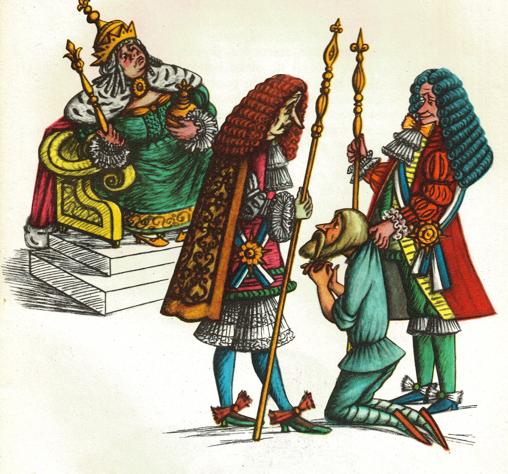 Ilustracja przedstawia pracę Olgi Siemaszko z książki Juliana Tuwima "Wiersze dla dzieci". Ukazuje siedzącą na tronie na tronie królową z berłem i jabłkiem w dłoniach, ubraną w długą, zieloną suknię z przypiętym kołnierzem z gronostaja. Na głowie ma wysoką koronę. Przed nią stoją dwaj dworzanie w perukach i bogatych strojach z włóczniami w dłoniach. Jeden z nich trzyma klęczącego poddanego, który składa ręce i błaga o litość.