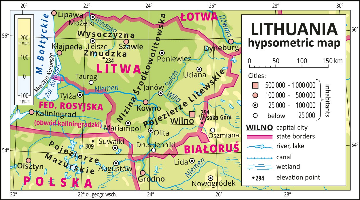 Ilustracja przedstawia mapę hipsometryczną Litwy, Lithuania hypsometric map. Na mapie opisano nazwy nizin, pojezierzy i rzek. Oznaczono i opisano główne miasta. Nizina Środkowolitewska. Pojezierze Litewskie. Wysoczyzna Żmudzka. Rzeki: Niemen, Święta, Windowa, Wilia.