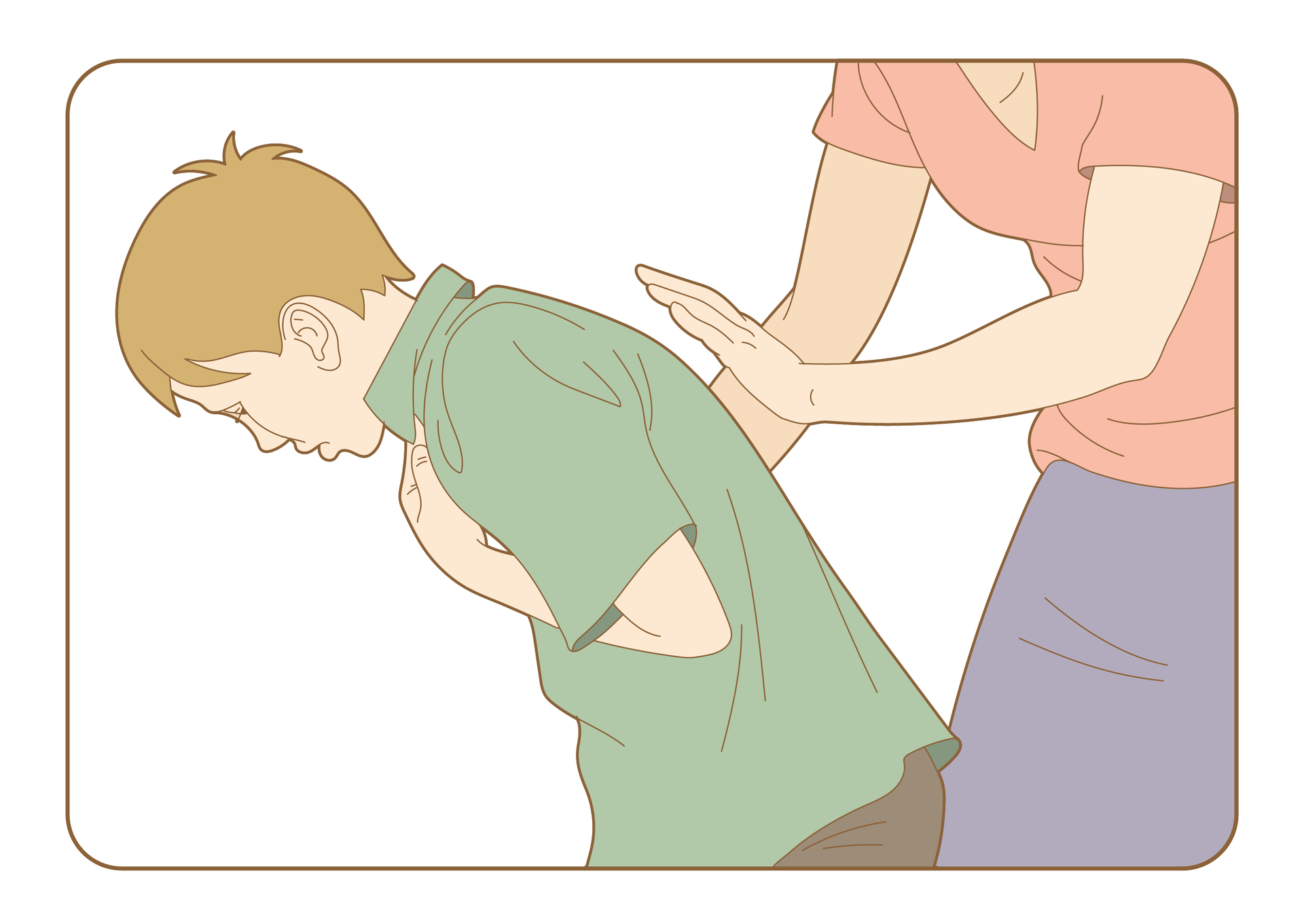 Kliknij żeby powiększyć Ilustracja przedstawia dwie osoby. Po lewej stronie chłopiec w pozycji stojącej. Lewym bokiem do obserwatora ilustracji. Lekko pochylony do przodu. Lewa dłoń opiera się na klatce piersiowej, poniżej szyi. Za chłopcem, po prawej, kobieta poklepująca chłopca dłonią w plecy. Drugą ręką przytrzymuje chłopca na wysokości klatki piersiowej.