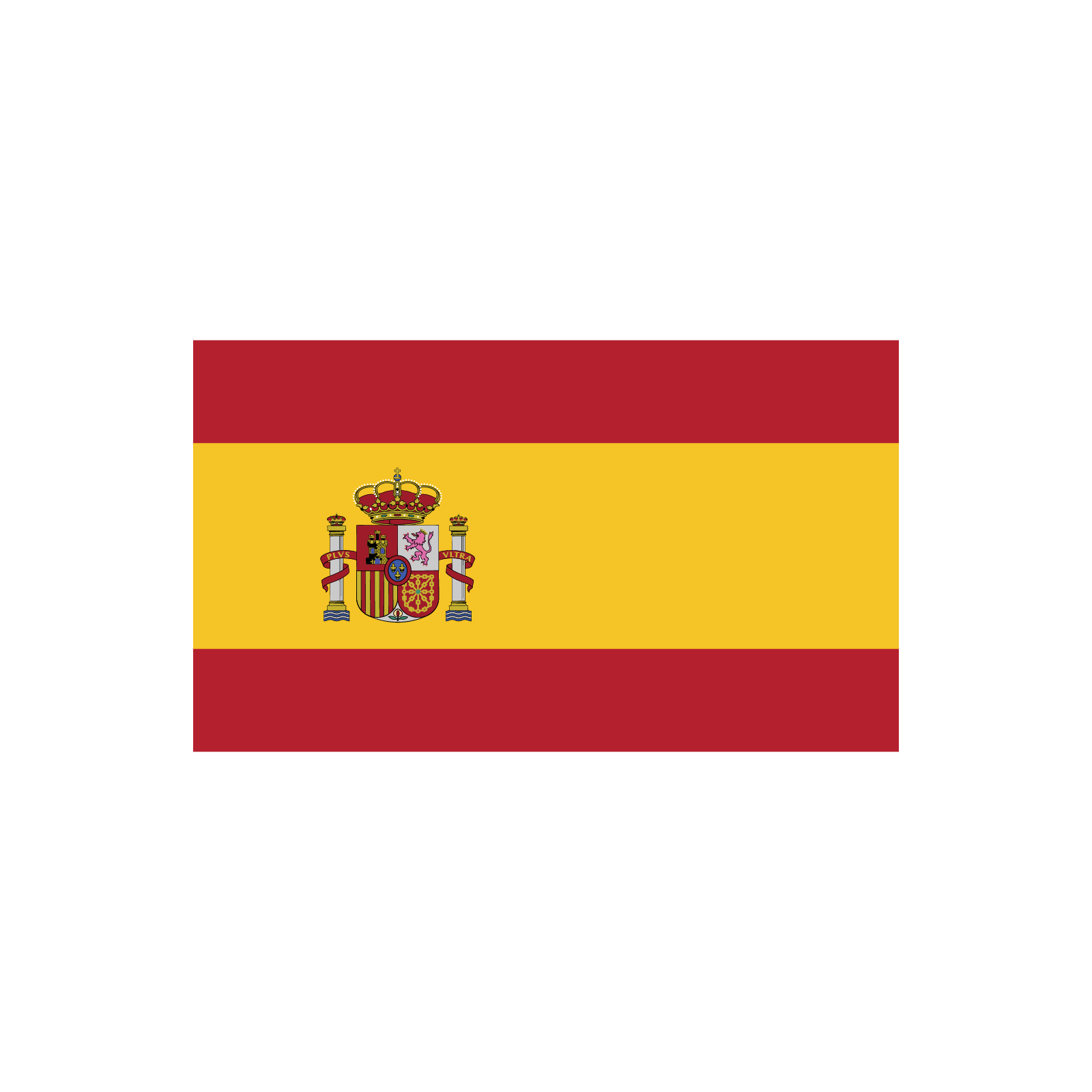 Ilustracja przedstawia flagę Hiszpanii. To jest figura o kształcie prostokąta, który został rozdzielony na trzy poziome pasy: czerwony, żółty oraz ponownie czerwony. Po lewej stronie, na środkowym paśmie, umieszczono godło królewskie, które jest otoczone Słupami Herkulesa.