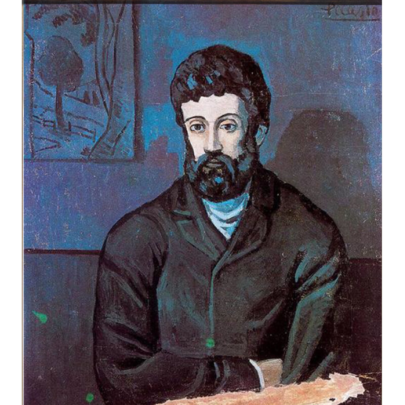 Obraz jest portretem mężczyzny z brodą ubranego w brązową kurtkę. Znajduje się on w pomieszczeniu gdzie dominuje kolor niebieski. Za mężczyzną znajduje się ściana, gdzie delikatnie odbija się jego cień. Po prawej stronie na ścianie wisi obraz. Dzieło utrzymane w dość ciemnych, zimnych barwach. Dominujące kolory to: niebieski, czarny, brązowy.