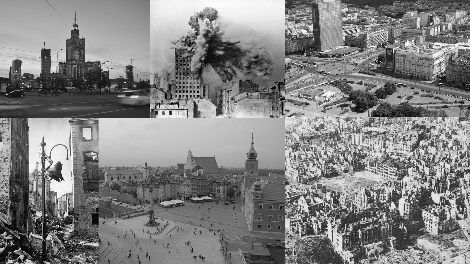 Czarno-biały kolaż, który składa się z sześciu fotografii. Pierwsza z nich to współczesne zdjęcie Pałacu Kultury i Nauki. Druga to sfotografowany moment wybuchu jakiegoś budynku. Domy wokół niego również są zrujnowane. Trzecia to widok z lotu ptaka przedstawiający ruchliwe warszawskie skrzyżowanie. Czwarta to widok na zgliszcza i ruiny. Piąta przedstawia pełen ludzi plac. Widać wystawione kawiarniane ogródki. Ostatnia fotografia przedstawia widok na zrujnowaną Warszawę z lotu ptaka.