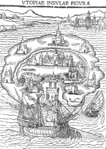 Ilustracja przedstawia tytułową stronę książki pod tytułem Utopia. Widać duży okręt pływający po wodach oraz pojedyncze wyspy wraz z różnego rodzaju budynkami.