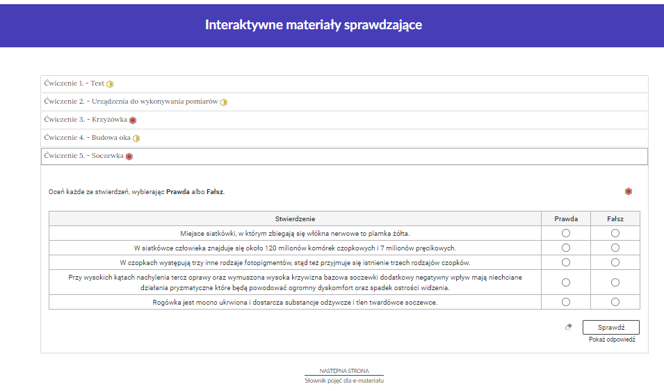 Przykładowy widok rozwiniętej zakładki z zadaniem typu prawda fałsz.