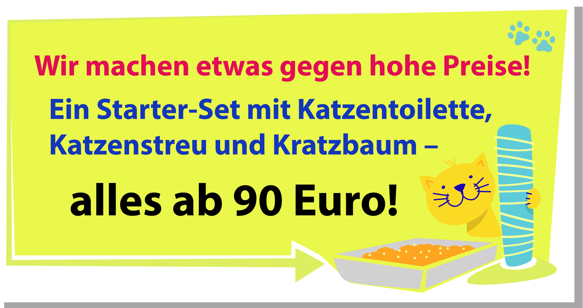 Ilustracja przedstawia ulotkę reklamową. Widoczny jest rysunek przedstawiający kota, kuwetę i drapak. Transkrypcja reklamy dostępna jest poniżej.