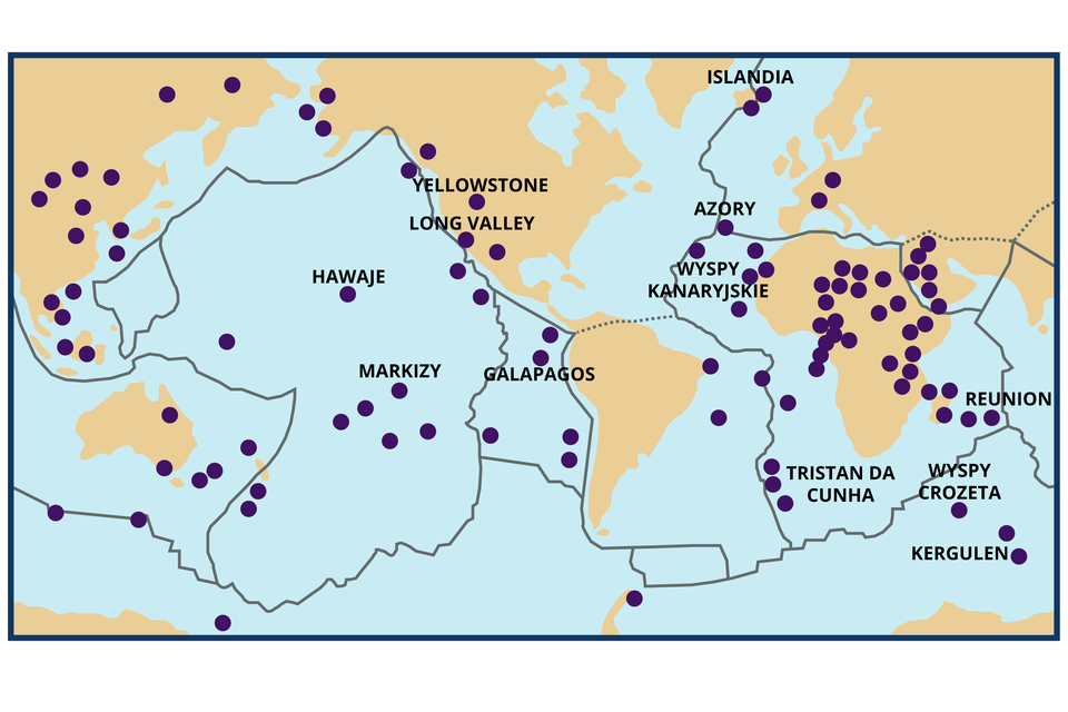Mapa przedstawia rozmieszczenie plam gorąca. Znajdują się one w Azji południowo wschodniej, wschodniej Australii, na Hawajach i Markizach, w Yellowstone i Long Valley, na Galapagos, na Islandii, Azorach, Wyspach Kanaryjskich, Tristan da cunha, na Wyspach Crozeta, Reunion i Kerguelen, w środkowej Afryce, na Madagaskarze i na Półwyspie Arabskim.