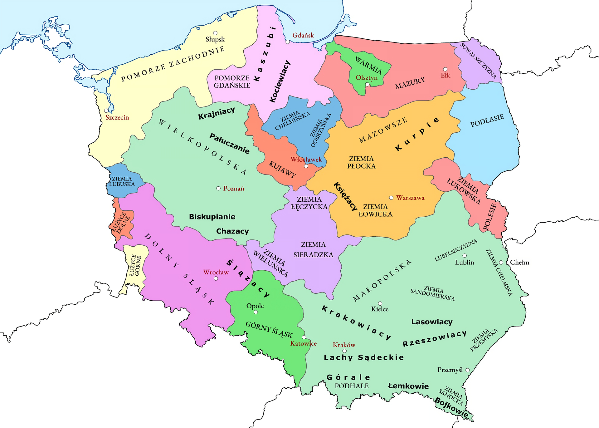 Kliknij, aby powiększyć Ilustracja przedstawia mapę regionów Polski z zaznaczonymi obszarami Małopolski ze stolicą w Krakowie, Górnego Śląska ze stolicą w Katowicach, Dolnego Śląska ze stolicą we Wrocławiu, Wielkopolski ze stolicą w Poznaniu, Kujaw ze stolicą we Włocławku, Mazowsza ze stolicą w Warszawie, Mazur ze stolicą w Ełku, Warmii ze stolicą w Olsztynie, Pomorza Gdańskiego i Kaszub ze stolicą w Gdańsku i Pomorza Zachodniego ze stolicą w Szczecinie.