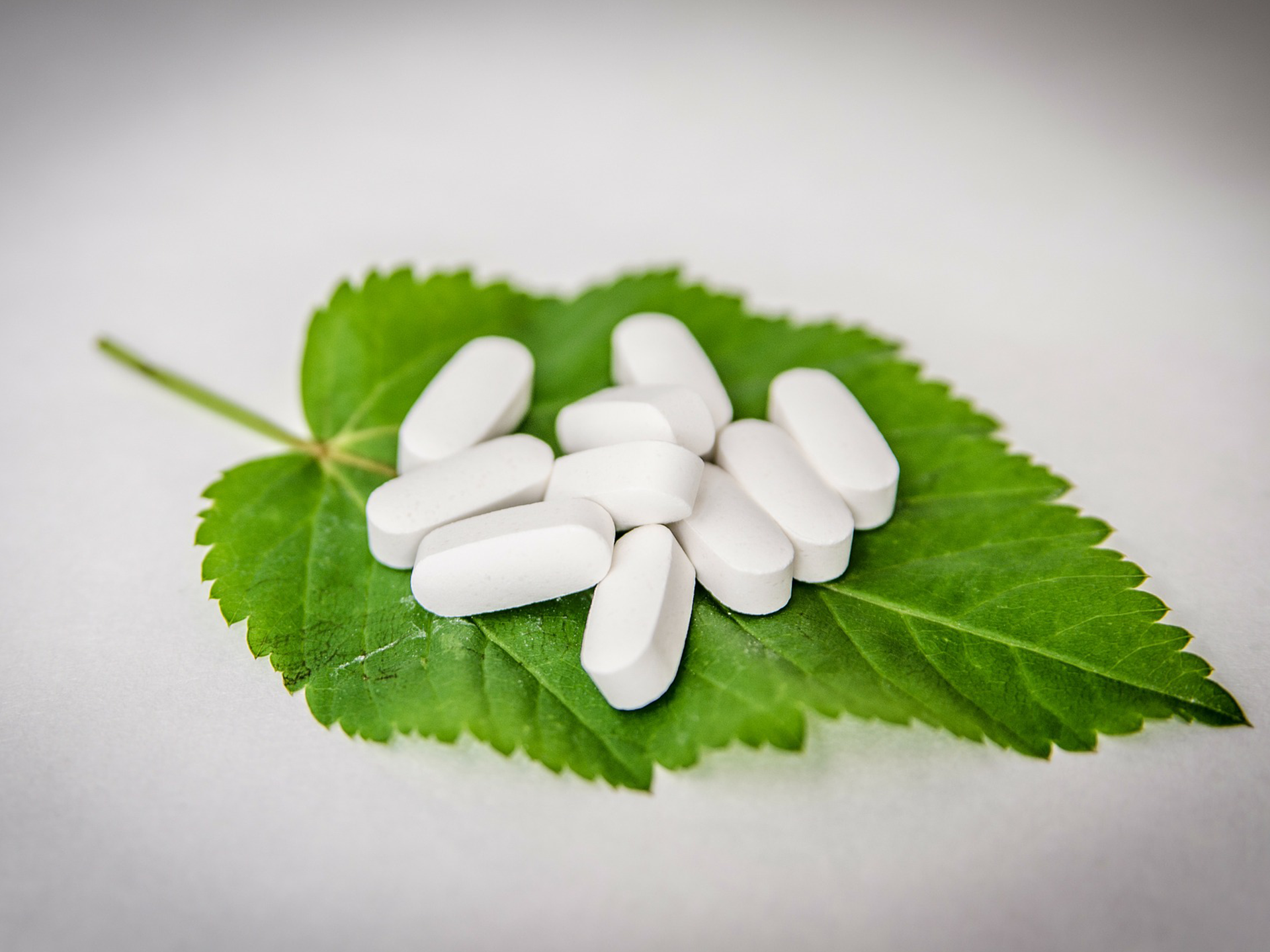 Na zdjęciu znajdują się podłużne białe tabletki ułożone na zielonym liściu. Tło jest białe.