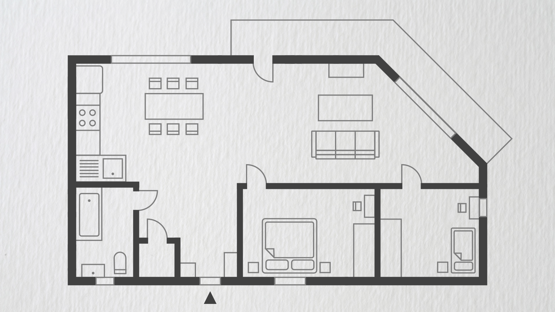 Grafika przedstawia plan mieszkania. Mieszkanie jest 3‑pokojowe, ma salon z aneksem kuchennym i dwie sypialnie, schowek na mopa i odkurzacz, łazienkę z oknem oraz duży balkon.