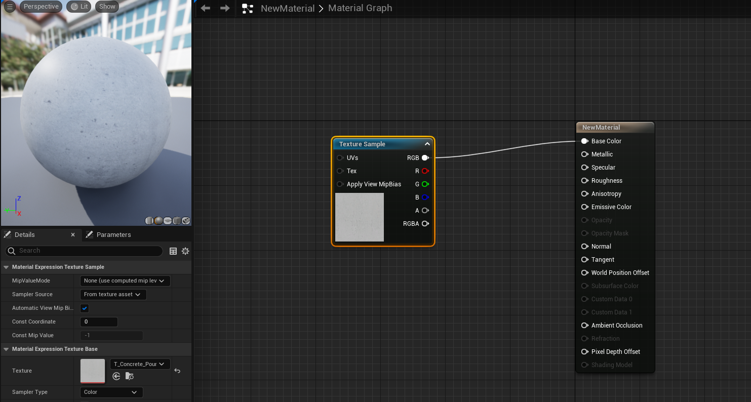 Ilustracja przedstawia okno programu. Po lewej stronie jest biała kula z drobnymi ciemniejszymi kropkami. Po prawej stronie sekcja o nazwie Texture Sample. Tam biały kwadrat. Od białej kropki o nazwie RGB linia do Base Color w sekcji NewMaterial. 