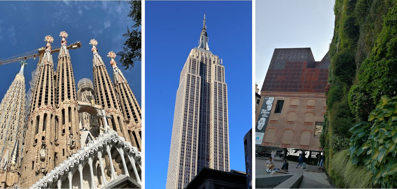 Ilustracja przedstawia trzy fotografie różnych budynków; od lewej: strzelista katedra Sagrada Familia w Barcelonie, pośrodku: drapacz chmur Empire State Building (czyt.empajer stejt bilding) w Nowym Jorku, po prawej - budynek Centrum Kultury w Madrycie o przechylonej do tyłu bryle, z ogrodem wertykalnym.