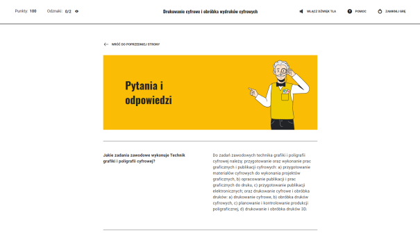 Grafika przedstawia panel zatytułowany Pytania I Odpowiedzi, który zawiera listę najczęściej zadawanych pytań oraz odpowiedzi do nich. Na grafice widać również element dekoracyjny w formie narysowanej postaci profesora umieszczonego na prawo od tytułu panelu. 