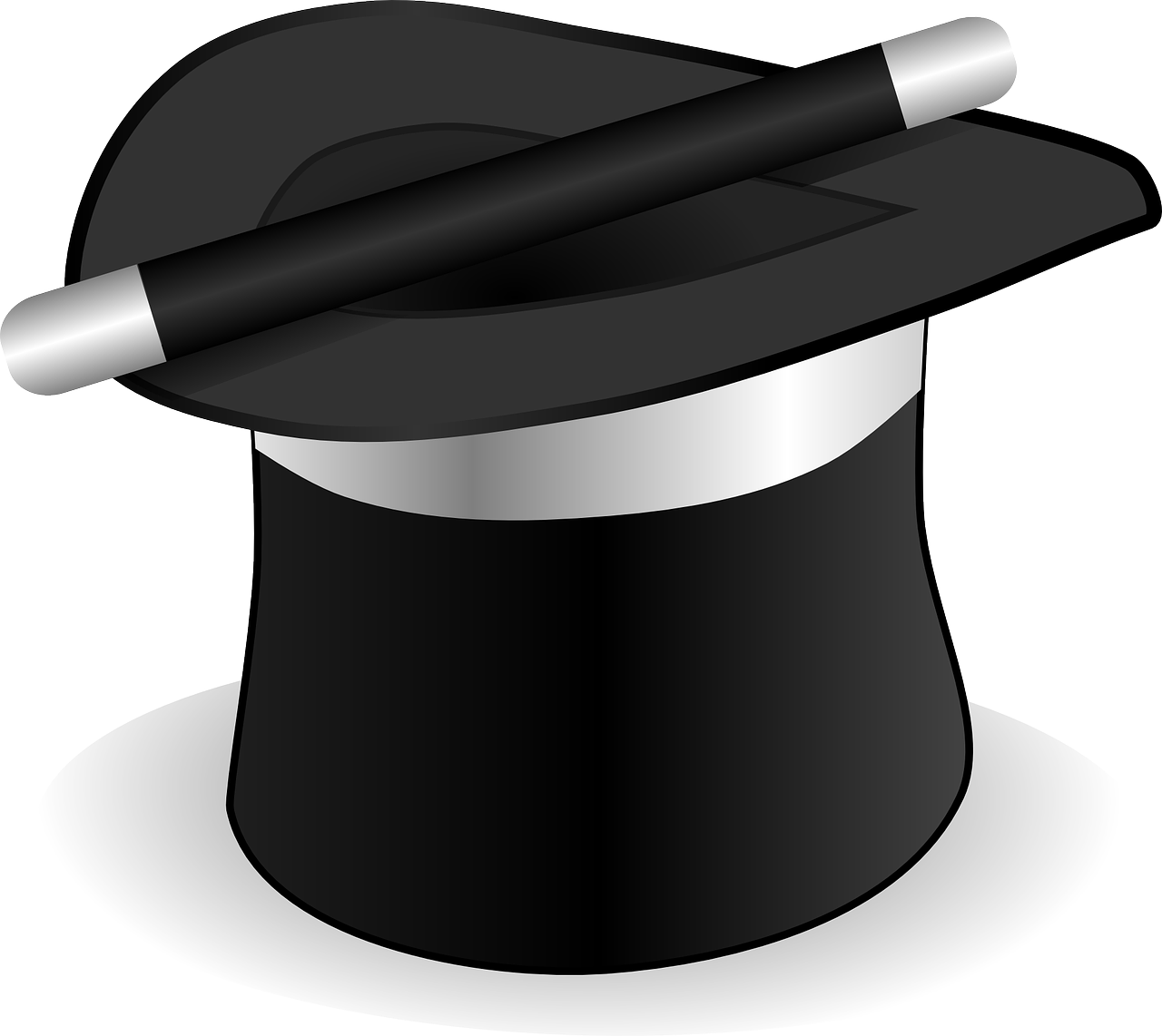 Ilustracja przedstawiająca na białym tle czarny kapelusz czarnoksiężnika. Został on położony wysokim cylindrem do dołu w taki sposób, że widać jego wnętrze. U zbiegu cylindra z szerszą częścią kapelusza znajduje się szeroka biała obwódka. Na kapeluszu leży niedługa różdżka czarnoksiężnika koloru czarnego z białymi końcami.
