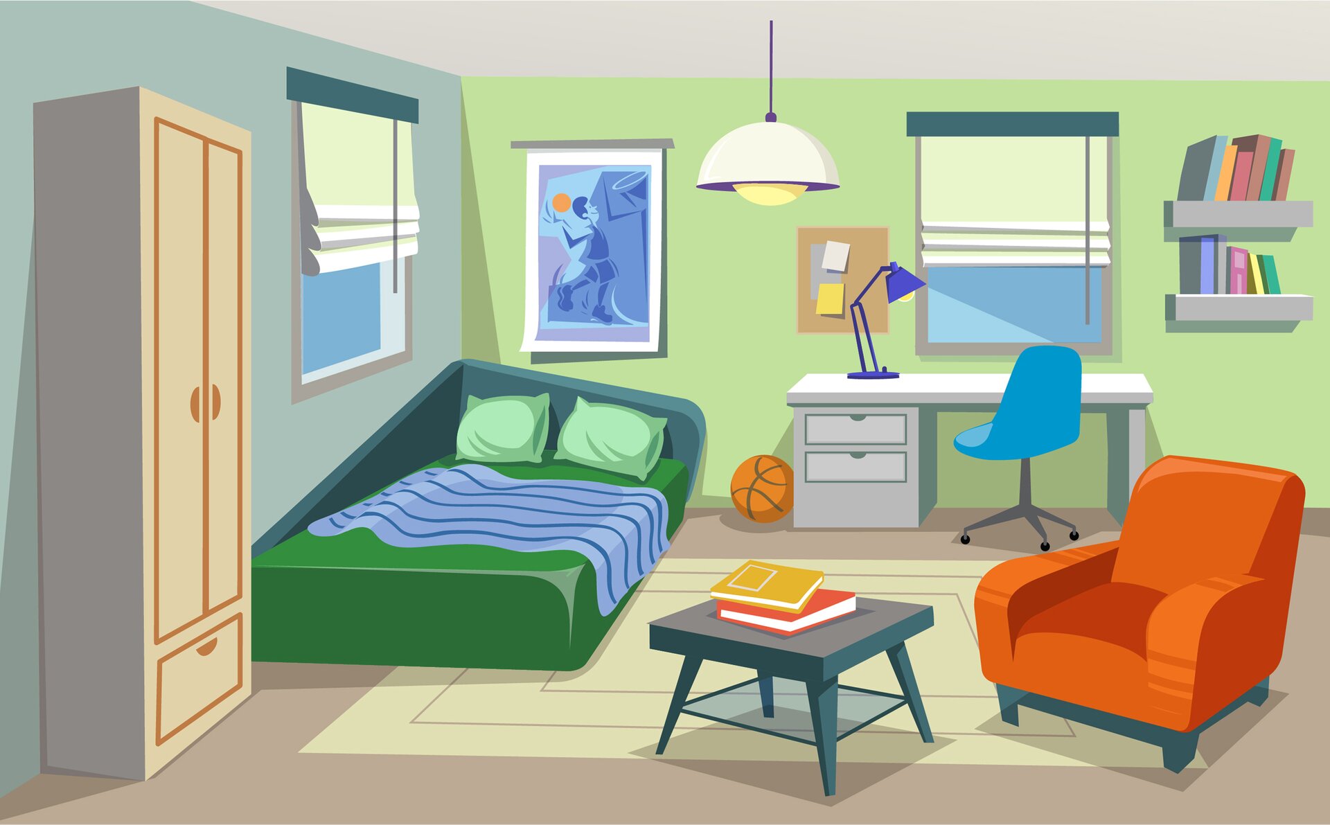 Ilustracja przedstawia pokój. Po lewej stronie pod ścianą jest szafa. W lewym rogu stoi łóżko. Nad nim jest okno z roletą. Dalej nad łóżkiem na ścianie wisi plakat, na którym jest koszykarz z piłką. Przy ścianie obok łóżka stoi biurko z lampką i krzesłem. Nad biurkiem jest okno z roletą. Obok na ścianie wisi półka z książkami. Pośrodku na podłodze leży dywan. Na nim jest stolik z książkami oraz fotel. Na suficie wisi żyrandol.