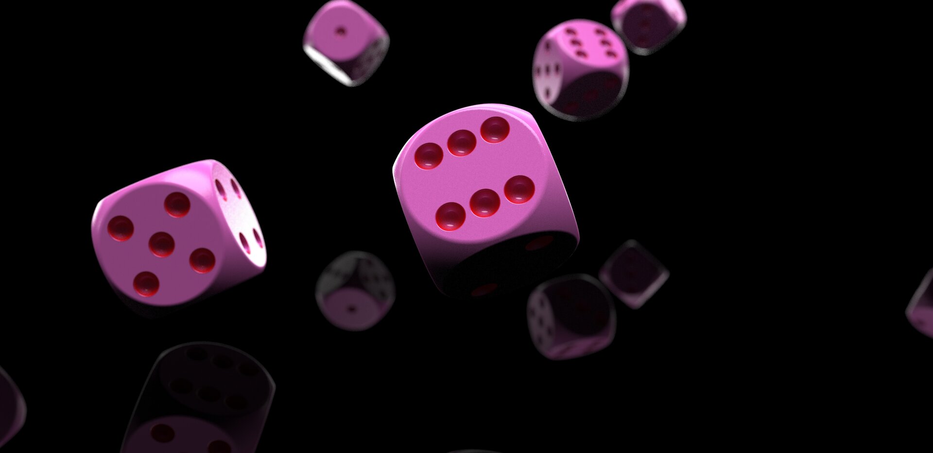 Ilustracja przedstawia różowe kości do gry rozrzucone na czarnym tle. 