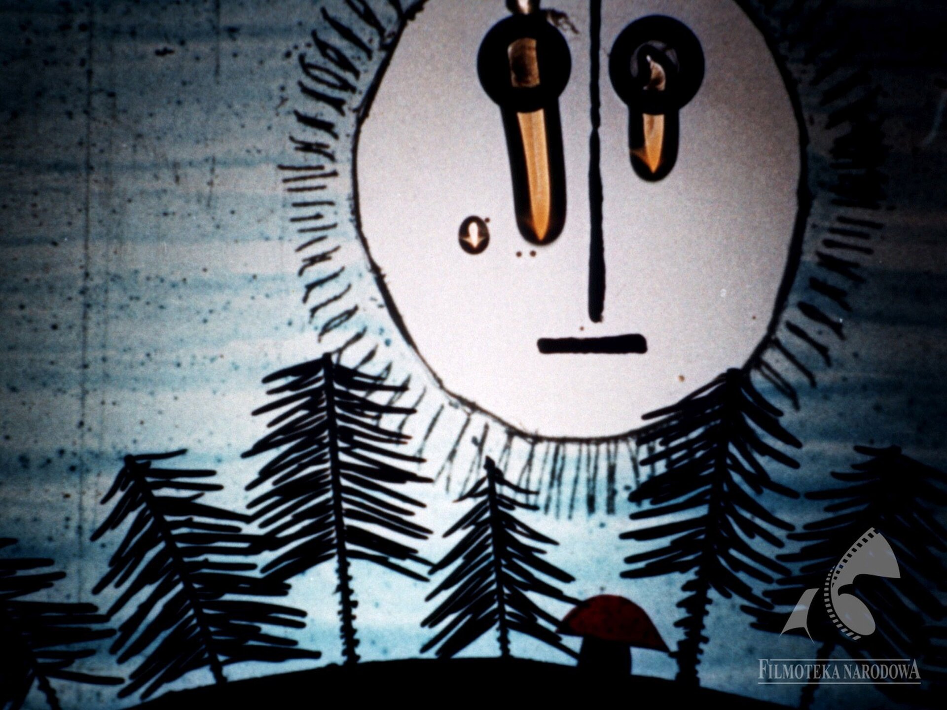 Ilustracja przedstawia kadr z filmu Juliana Antonisza "Jak działa jamniczek". Ukazuje las z grzybami. Na tle nieba znajduje się ogromne słońce z którego oczu płynął łzy. Nos to pionowa, a usta pozioma kreska.