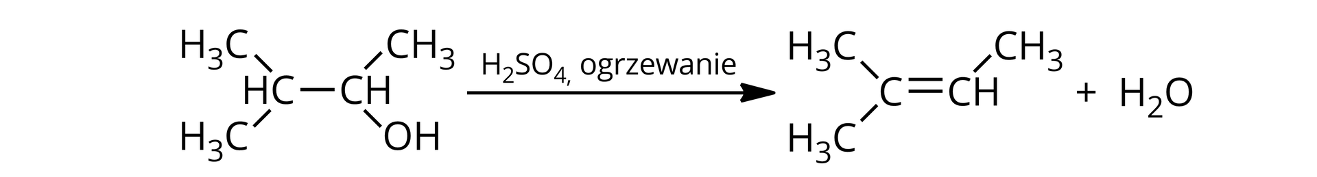 Ilustracja przedstawiająca schemat reakcji dehydratacji. Cząsteczka zbudowana z dwóch połączonych za pomocą wiązania pojedynczego grup CH, z których jedna łączy się z dwiema grupami metylowymi CH3, a druga z grupą metylową oraz z grupą hydroksylową OH. Strzałka w prawo, nad strzałką Al2O3 oraz zapis "ogrzewanie". Za strzałką cząsteczka produktu, który stanowi grupa CH podstawiona grupą metylową CH3 oraz połączona za pomocą wiązania podwójnego atomem węgla podstawionym dwiema grupami metylowymi CH3. Dodać cząsteczkę wody H2O.
