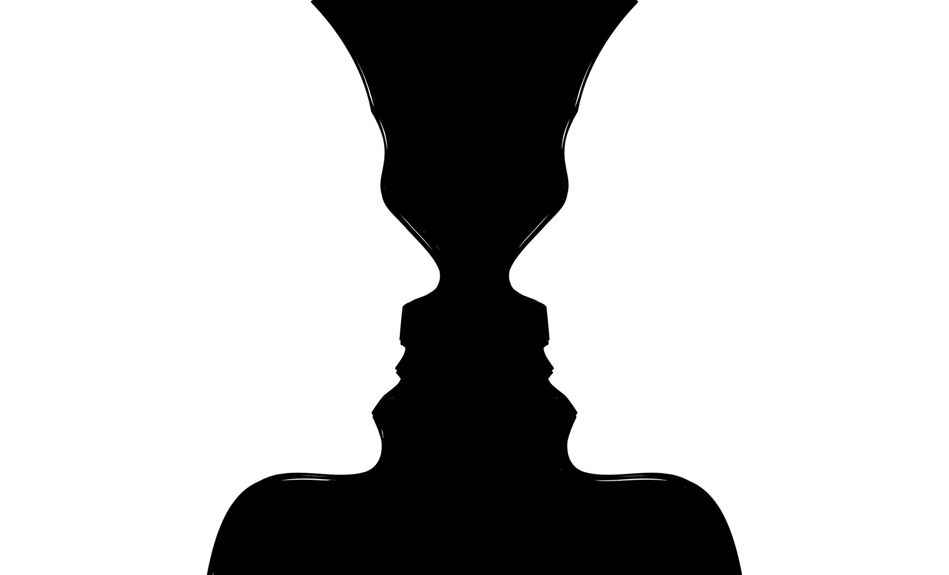 Ilustracja przedstawia złudzenie optyczne. Znajduje się na nim biały kielich lub dwie zwrócone do siebie czarne twarze.