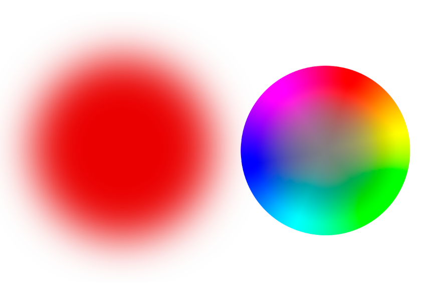 Ilustracja przedstawia przykładową grafię w formacie PNG. Format PNG wyświetla na przeźroczystym tle wypełnione czerwonym kolorem koło oraz gładkie koło barw. Pierwsze koło, od swojego środka, stopniowo zmniejsza moc barwy stając się całkowicie niewidocznym na swoim brzegu. Krawędź drugiego koła jest wyraźna.