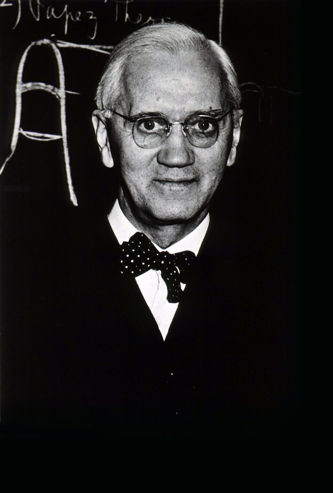 Ilustracja przedstawia starszego mężczyznę w garniturze, okularach i zaczesanych na bok, białych włosach, o łagodnym uśmiechu. Jest to Aleksander Fleming.