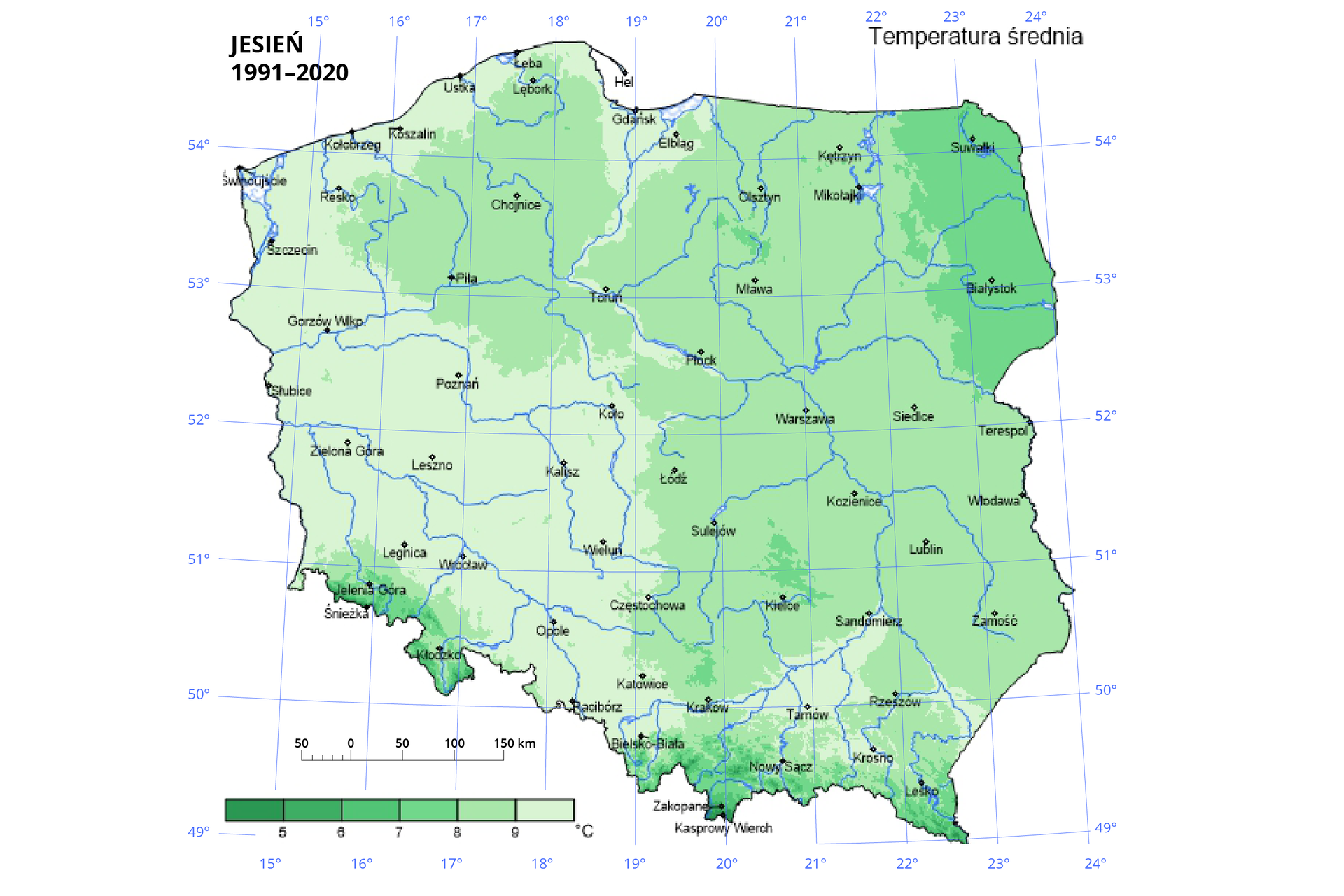 Mapa Polski przedstawiająca średnią roczną temperaturę powietrza jesienią w stopniach Celsjusza w latach 1991‑2020. Temperatury oznaczono kolorami, od ciemnozielonego (poniżej 5 stopni Celsjusza) dla najniższych do jasnozielonego (powyżej 9 stopni Celsjusza) w przypadku najwyższych. Najcieplejszym obszar Polski jest jej zachodni cześć oraz obszar na wybrzeżu.Najzimniejsze obszary występowały w górach, zarówno w Sudetach i Karpatach oraz na północnym wschodzie kraju w okolicy Suwałk. Na mapie znajduje się siatka kartograficzna na której opisano wartości południków i równoleżników co jeden stopień. W lewym dolnym rogu znajduje się podziałka liniowa, natomiast u góry mapy, po lewej napis Jesień 1991‑2020, w prawym temperatura średnia.