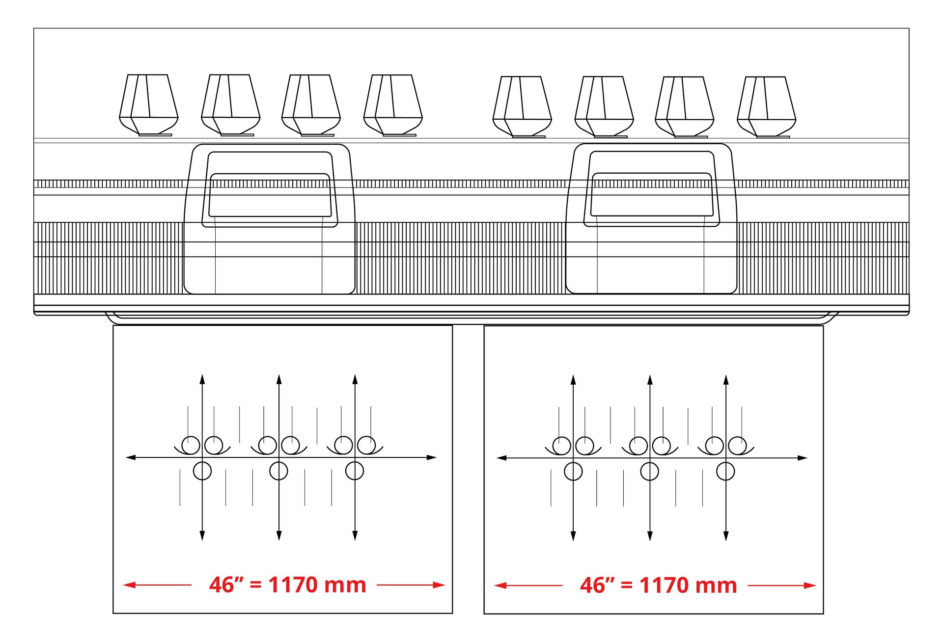 Na grafice widoczne są trzy schematy. Na górze znajduje się schemat ukazujący dwa prostokątne elementy obok siebie, nad każdym z nich widnieją po cztery elementy przypominające walec. Dwa dolne schematy ukazują dwie poziome strzałki, każda z nich jest przecięta przez trzy pionowe strzałki, a w miejscach przecięcia znajdują się po trzy okręgi. W ten sposób symbolicznie przedstawiona jest szerokość i długość dzianiny oraz ułożenie głowic. 