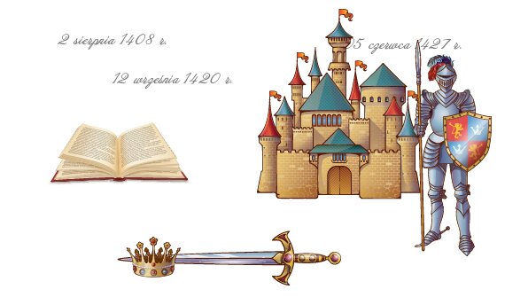 Grafika przedstawia przykładowy sylabus miejsca. Od prawej widoczny jest rycerz w zbroi, na lewo od niego schematycznie pokazany warowny zamek z wieloma wieżami i basztami. Poniżej widać miecz, z rękojeścią po prawej stronie, zaś na końcu jego ostrza widoczna jest korona pokazana z boku. Powyżej, po lewej widoczna jest otwarta stara księga. Na grafice znajdują się stylizowane napisy.