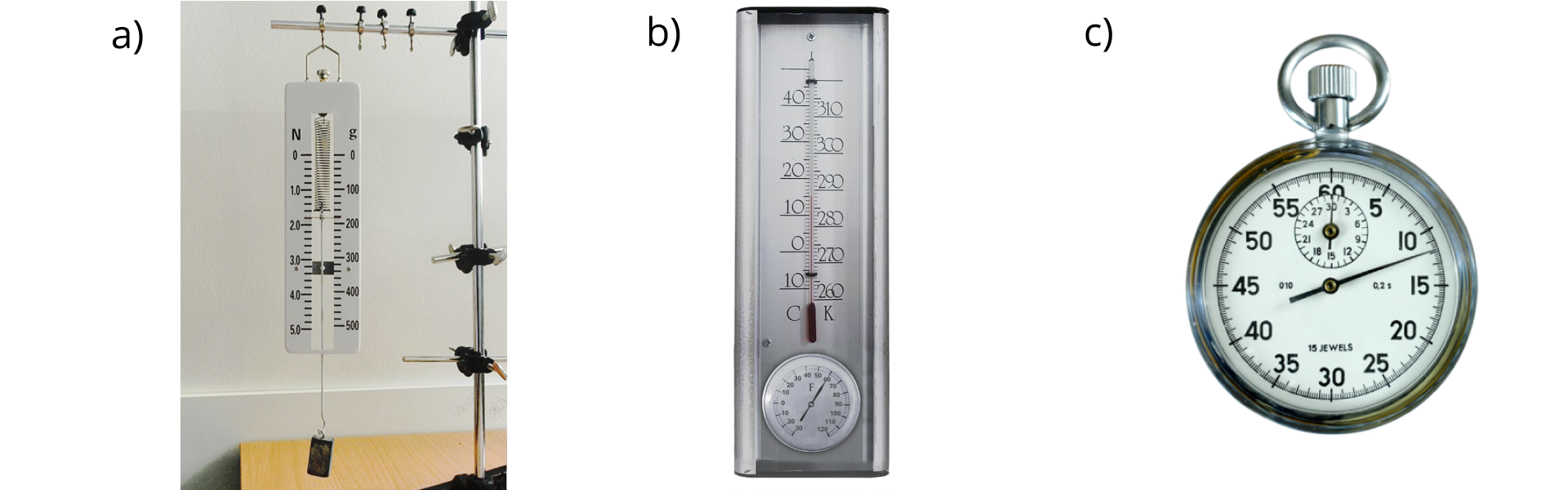 Ilustracja przedstawia przyrządy do pomiary siły, temperatury i czasu. W podpunkcie a jest siłomierz wraz z odważnikiem. W podpunkcie b jest termometr ze skalą w Kelwinach i stopniach Celsjusza pokazujący temperaturę około 10 stopni Celsjusza. W podpunkcie c jest stoper.