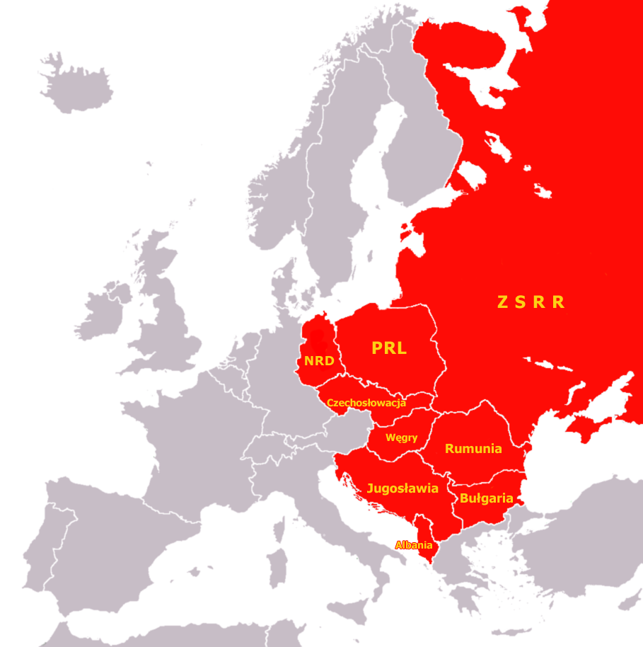 Przedstawiona jest mapa Europy z drugiej połowy XX wieku. Kolorem czerwonym są zaznaczone państwa będące pod dominacją ZSRR, czyli inaczej państwa bloku wschodniego oraz samo ZSRR. Państwa te to: PRL, NRD, Czechosłowacja, Węgry, Rumunia, Jugosławia, Bułgaria oraz Albania.