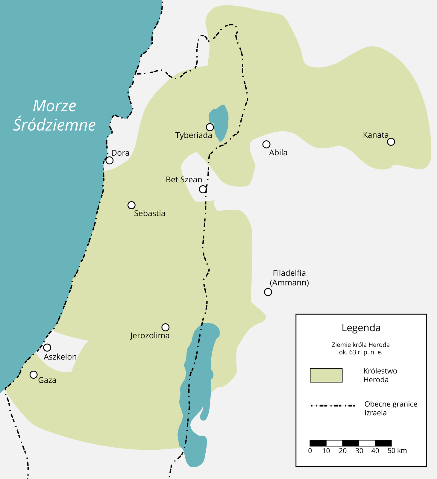 Mapa przedstawia Królestwo Heroda w około 63 roku przed naszą erą. Na mapie są zaznaczono współczesne granice Izraela. Królestwo jest położone w Palestynie. Herod kontrolował większość obszarów pomiędzy Morzem Martwym a wybrzeżem Morza Śródziemnego, niewielkie fragmenty na wschodnim brzegu Jordanu i obszar dzisiejszej południowej Syrii. Pod jego kontrolą znajdowały się miasta: Gaza, Jerozolima, Sebastian, Tyberiada i Kanata.