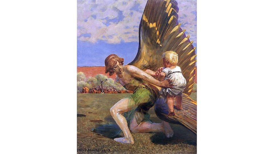 Obraz przedstawia kobiecą postać ze skrzydłami. Postać klęczy prawym kolanem na ziemi. Odwraca głowę za siebie, podtrzymuje lewą ręką małe dziecko stojące na jej skrzydle.