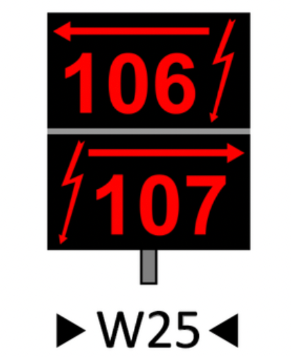 Wskaźnik wu dwadzieścia pięć. Dwie czarne prostokątne tablice. Na pierwszej tablicy od góry znajduje się czerwona strzałka skierowana grotem w lewą stronę, czerwona liczba 106 oraz czerwona błyskawica, która znajduje się po prawej stronie liczby. Na drugiej tablicy znajduje się czerwona strzałka skierowana grotem w prawą stronę, czerwona liczba 107 oraz czerwona błyskawica, znajdująca się po lewej stronie liczby.