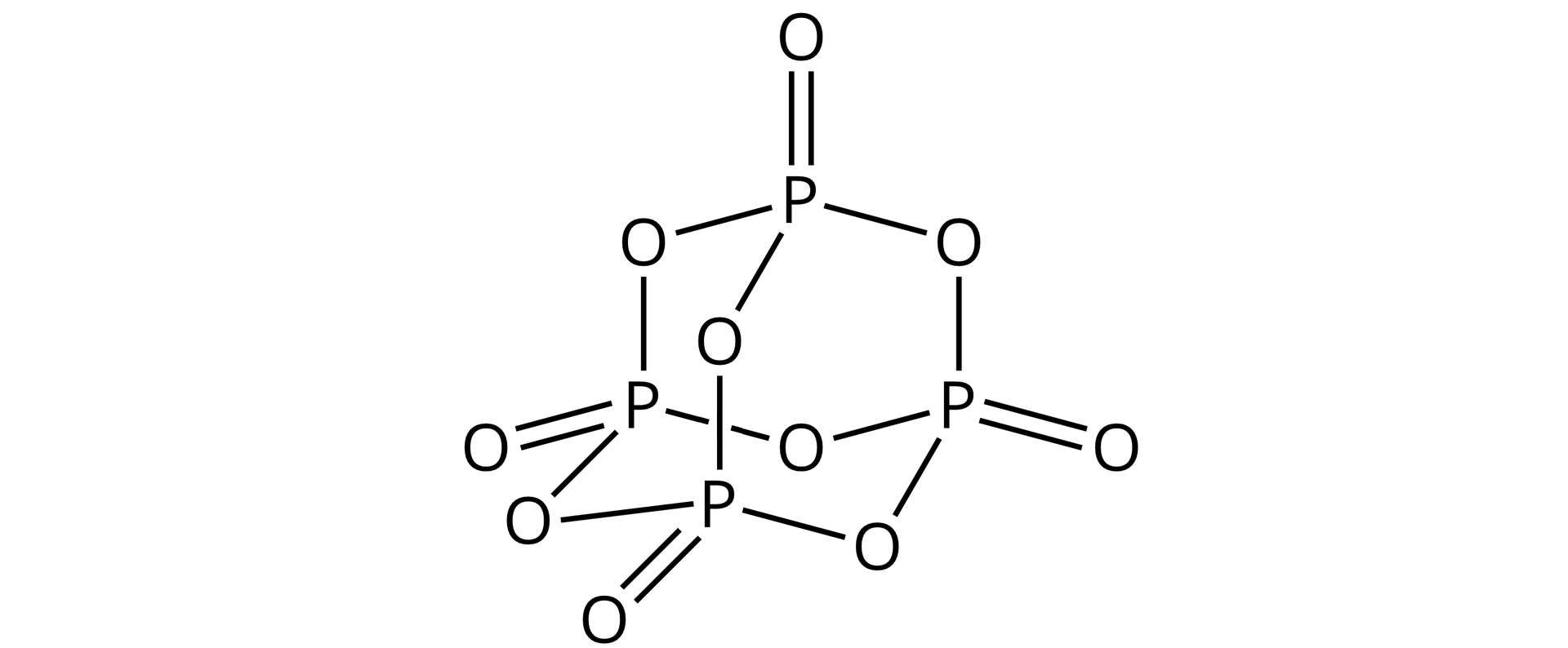 Ilustracja przedstawiająca strukturę tlenku fosforu(<math aria‑label="pięć">V), który ma postać tricykliczną o właściwym wzorze sumarycznym P4O10. Jeden z sześcioczłonowych pierścieni budujących strukturę znajduje się w konformacji krzesłowej analogicznej do tej, którą przybiera pierścień cykloheksanu. Pierścień ten zbudowany jest z trzech atomów tlenu oraz trzech atomów fosforu ułożonych naprzemiennie. Od każdego atomu fosforu na zewnątrz pierścienia odchodzi wiązanie podwójne łączące go z atomem tlenu, a także wiązanie pojedyncze odchodzące do góry łączące każdy z atomów fosforu z atomem tlenu za pomocą wiązania pojedynczego. Ów atomy tlenu związane są za pomocą wiązań pojedynczych z wspólnym atomem fosforu, który to również związany jest za pomocą wiązania podwójnego z atomem tlenu.