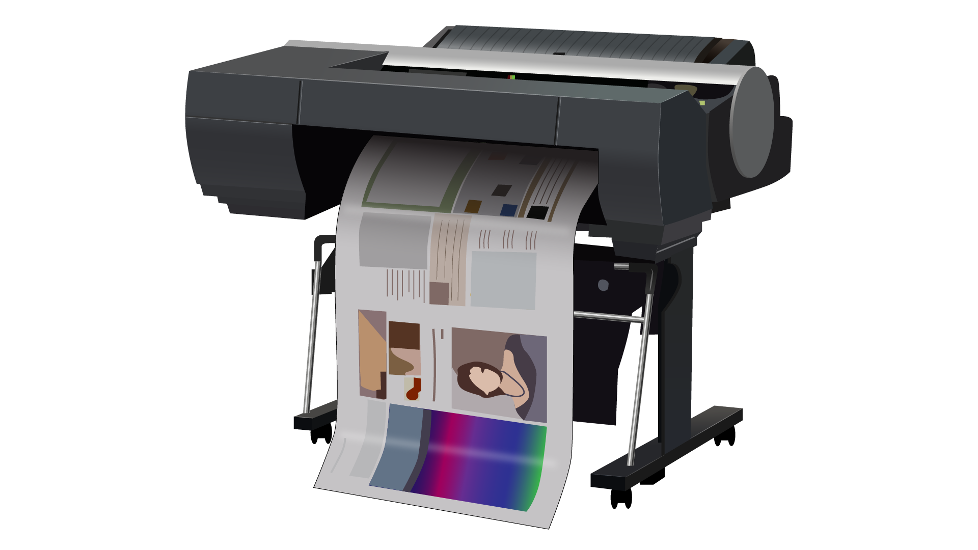 Grafika przedstawia proofer cyfrowy, czyli urządzenie do wykonywania wydruku próbnego. Widoczne jest urządzenie w ujęciu z ukosa, stojące na dwóch nogach. U góry widoczny jest moduł do drukowania oraz arkusz zadrukowanego podłoża wysuwający się z proofera cyfrowego. 