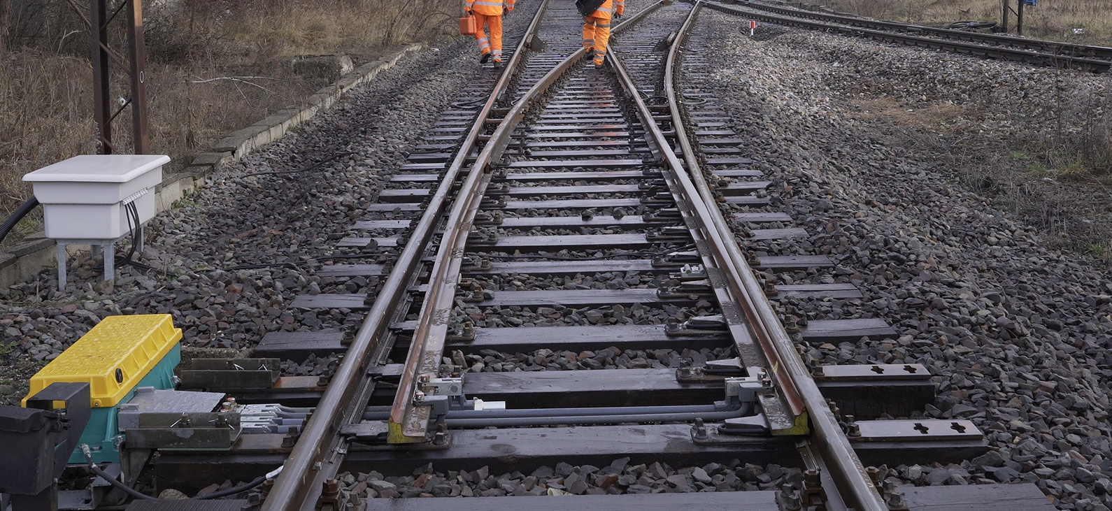Zdjęcie przedstawia rozjazd. Widoczny jest tor kolejowy rozdzielający się na dwa tory. W oddali po prawej widać połączenie jednego z nich z innym torem. Przy rozjeździe z lewej strony widać skrzynkę z napędem rozjazdu.