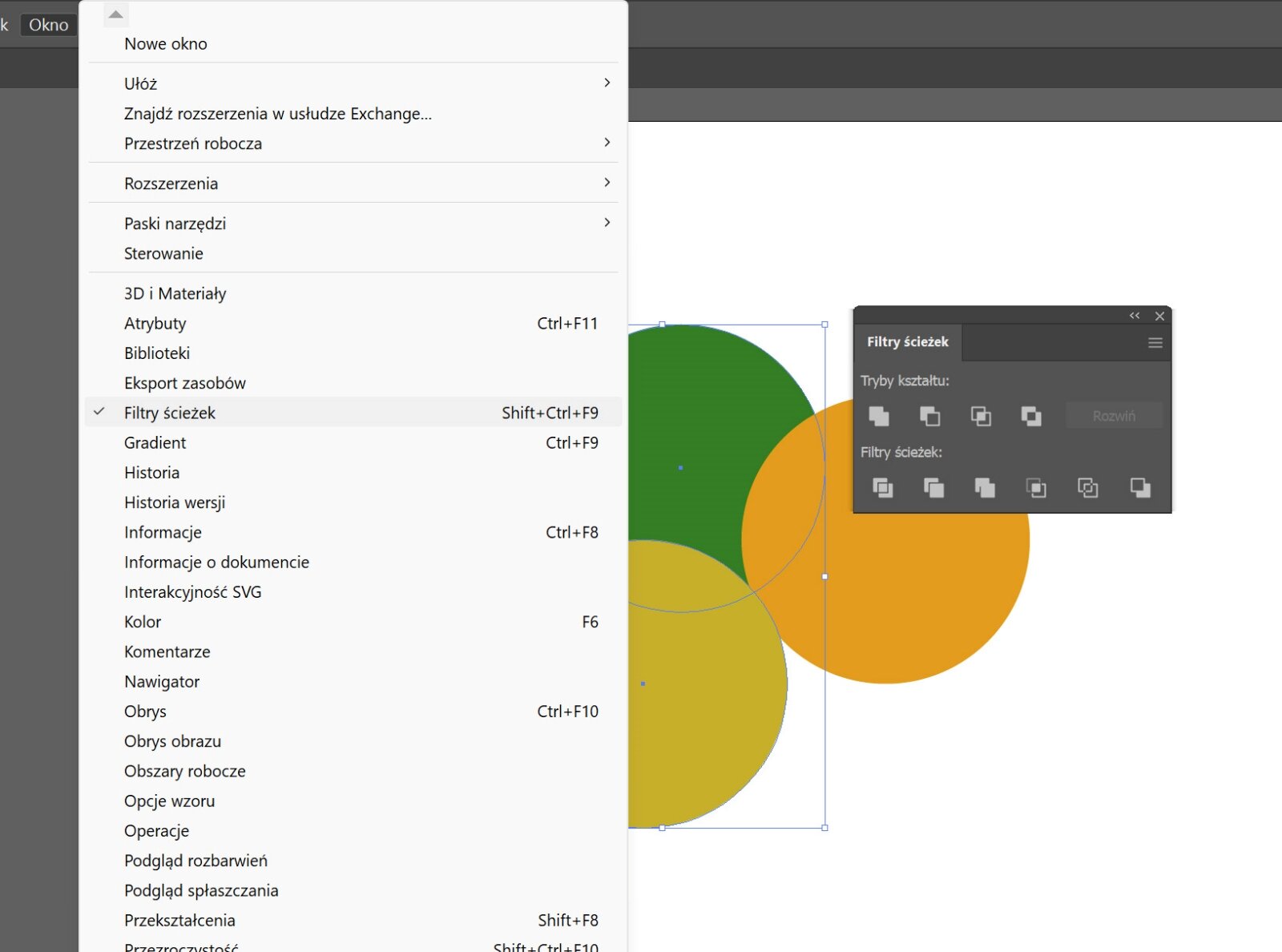 Grafika przedstawia stosowanie filtrów ścieżek w programie CorelDRAW. Widoczny jest zrzut ekranu z menu bocznym programu, z biały prostokątem na całej wysokości menu, wchodzącym na białe pole robocze, z nazwami różnych funkcji. Na białym panelu roboczym rysunek złożony z z trzech nachodzących na siebie kół: zielonego, żółtego i pomarańczowego, częściowo zasłoniętych. Po prawej stronie panelu roboczego czarny prostokąt z napisem Filtry ścieżek.