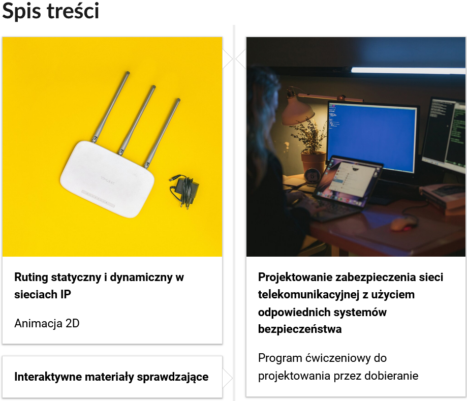 Grafika przedstawia dwa kafelki ze spisu treści. Są umiejscowione obok siebie. Pierwszy od lewej: Zdjęcie okładkowe, poniżej napis: Ruting statyczny i dynamiczny w sieciach IP. Niżej napis: Animacja 2D. Drugi: zdjęcie okładkowe, poniżej tytuł: Projektowanie zabezpieczenia sieci telekomunikacyjnej z użyciem odpowiednich systemów bezpieczeństwa. Niżej: Program ćwiczeniowy do projektowania przez dobieranie.