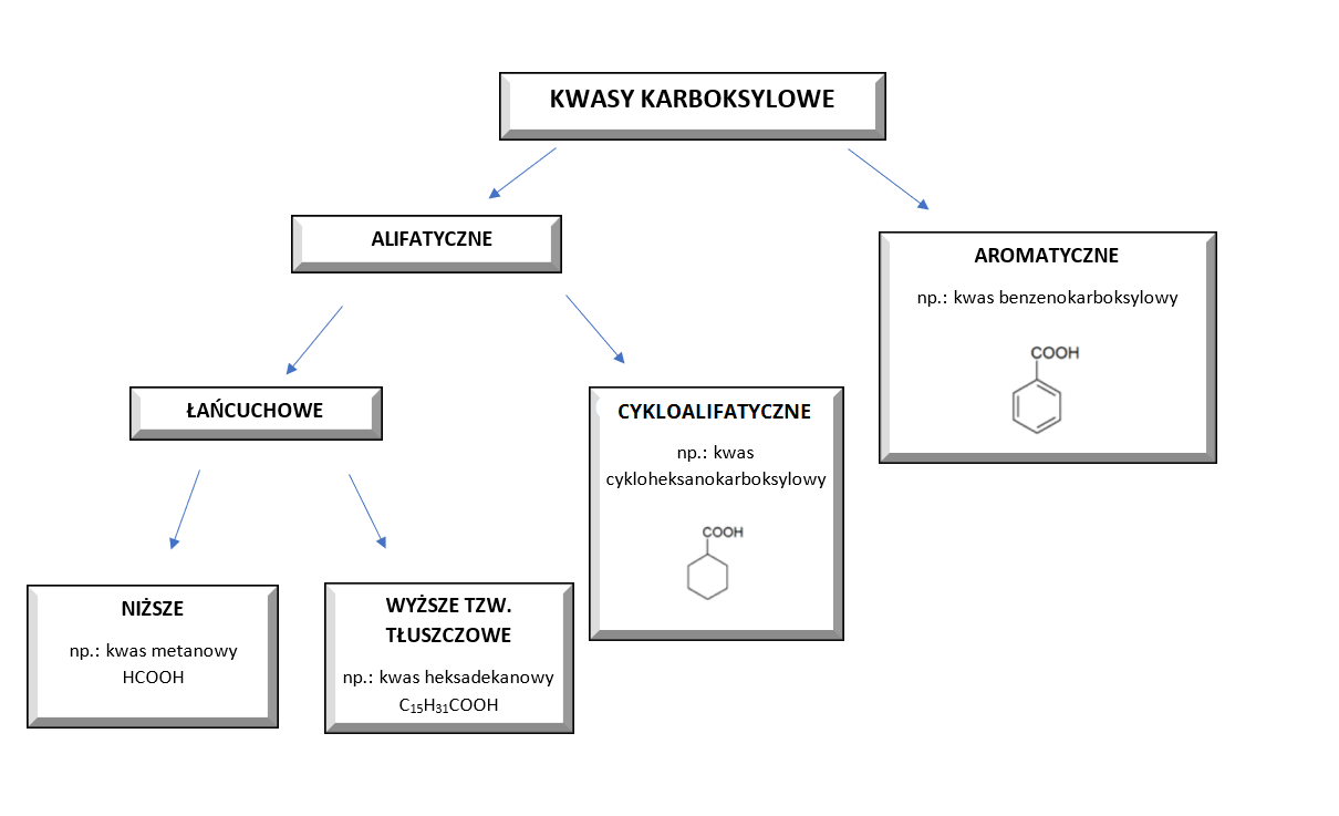 Na ilustracji znajduje się podział kwasów karboksylowych ze względu na rodzaj łańcucha węglowodorowego. Dzielą się na: aromatyczne, na przykład kwas benzenokarboksylowy (wzór: sześcioczłonowy pierścień z trzema wiązaniami podwójnymi łączy się na górze z grupą COOH) i alifatyczne. Tu wyróżnia się łańcuchowe i cykloalifatyczne. Łańcuchowe dzielą się na niższe, na przykład kwas metanowy HCOOH, i wyższe - tak zwane tłuszczowe, na przykład kwas heksadekanowy C indeks dolny piętnaście H indeks dolny trzydzieści jeden COOH. Cykloalifatyczne to na przykład kwas cykloheksanokarboksylowy, wzór: sześcioczłonowy pierścień łączy się z grupą COOH.  