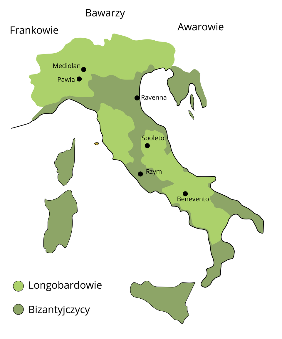 Ilustracja przedstawia mapę półwyspu gdzie oznaczono miasta: Milano, Pavia, Ravenna, Spoleto, Roma, Benevento. Na mapie widać dwa różne kolory oznaczające wpływy dwóch rodów Longobardów i Bizantyjczyków.