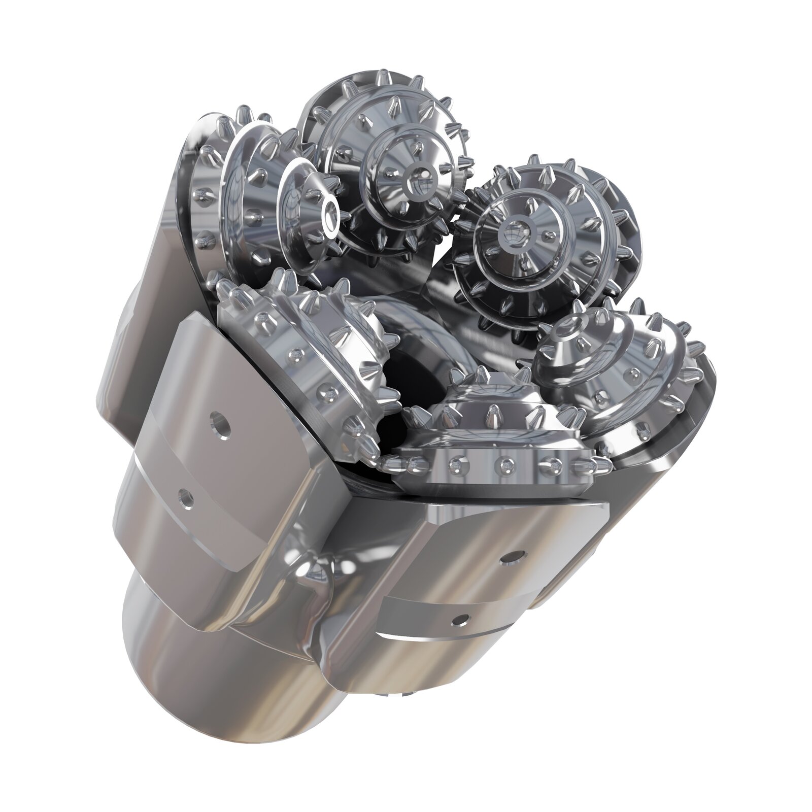 Grafika przedstawia koronkę gryzową z zębami słupkowymi. Koronki gryzowe niszczą strukturę skały poprzez jej kruszenie w wyniku przemiany momentu obrotowego przewodu na udary i poślizg zębów po dnie otworu. W tego typu rozwiązaniach konstrukcyjnych energia kinetyczna obrotu przemienia się w energię potencjalną o wartości niezbędnej do zniszczenia skały, przez co uzyskuje się efekt urabiania górotworu.
W rzucie głównym widać urządzenie mechaniczne, którego podstawę stanowi płaski czop w kształcie cylindra. Na czopie osadzonych jest sześć łap zakończonych gryzem. Łapa, znajdująca się w centralnej części ekranu, widziana z tyłu ma kształt prostokąta o zaokrąglonych wierzchołach górnych. Łapa, która znajduje się z prawej strony ekranu, widziana z boku, jest w kształcie połowy prostopadłościanu utworzonego poprzez odcięcie jego części w linii przekątnej prostopadłościanu. Na utworzonej w ten sposób powierzchni bocznej łapy osadzone są gryzy. Gryz stanowi półkolistą tarczę, po obwodzie której w formie wieńców osadzone są słupki. Podstawa słupka jest w kształcie cylindra, na szczycie którego znajduje się zaokrąglenie w formie półkuli lub wierzchołka stożka. Widoczne rzędy wieńców na sąsiadujących gryzach wchodzą między siebie.